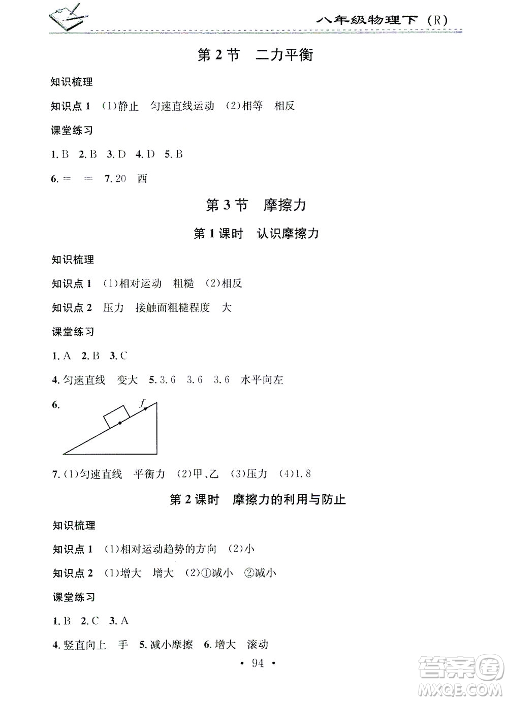 廣東經(jīng)濟出版社2021名校課堂小練習(xí)物理八年級下冊R人教版答案