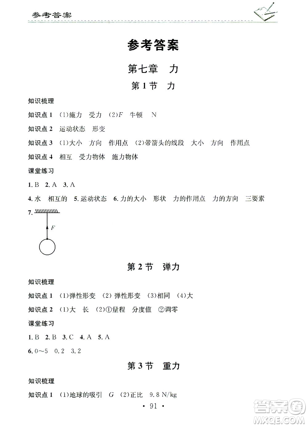 廣東經(jīng)濟出版社2021名校課堂小練習(xí)物理八年級下冊R人教版答案