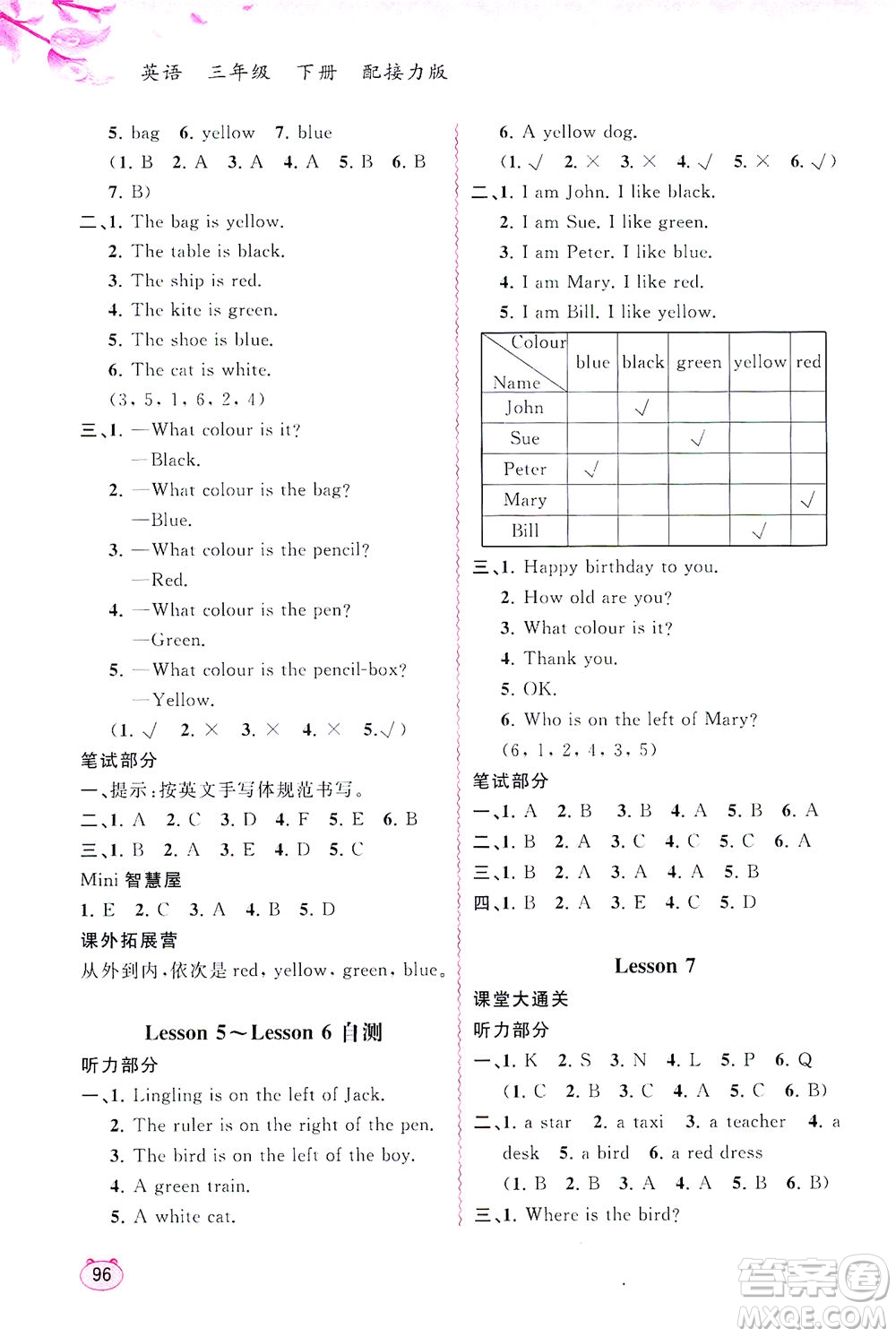 廣西教育出版社2021新課程學(xué)習(xí)與測(cè)評(píng)同步學(xué)習(xí)英語(yǔ)三年級(jí)下冊(cè)接力版答案