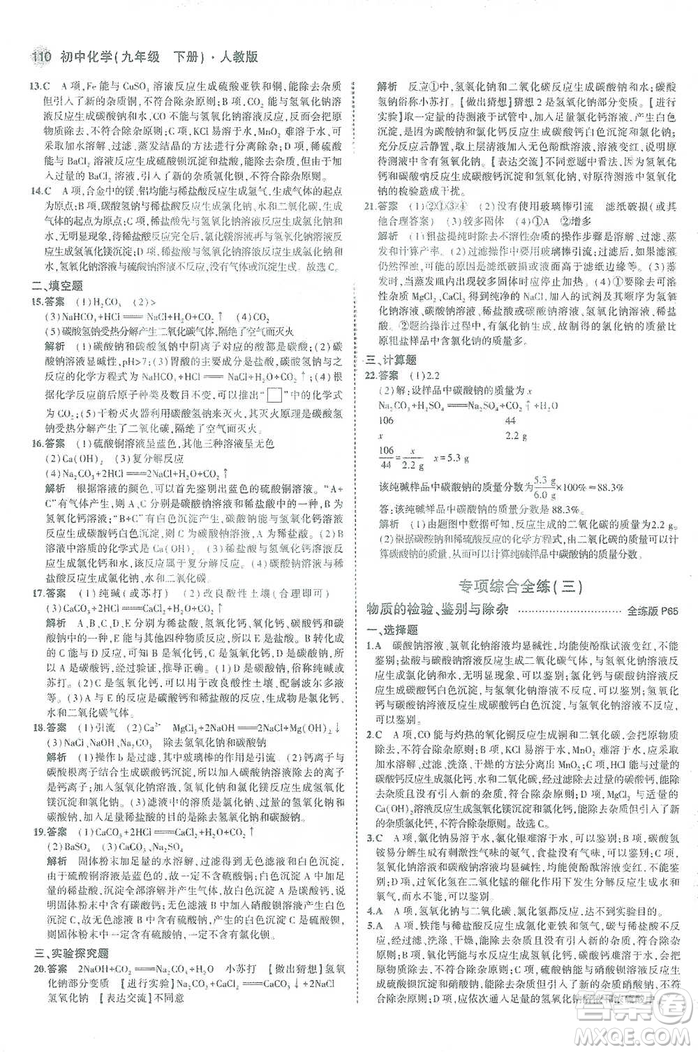 教育科學(xué)出版社2021年5年中考3年模擬初中化學(xué)九年級下冊人教版參考答案