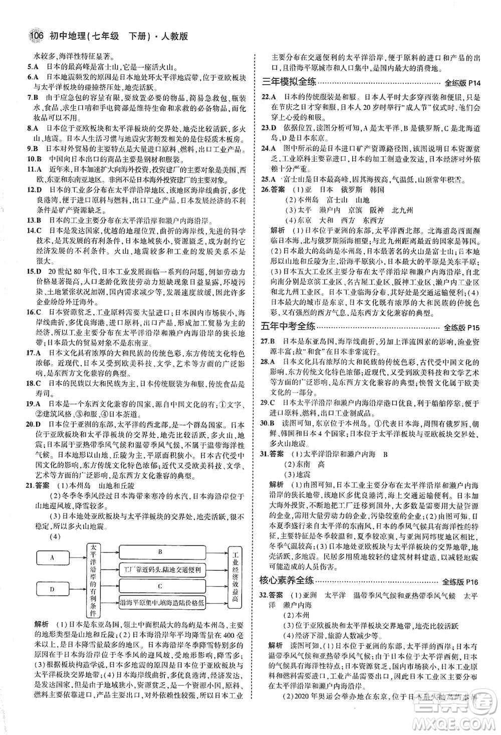 教育科學(xué)出版社2021年5年中考3年模擬初中地理七年級(jí)下冊(cè)人教版參考答案
