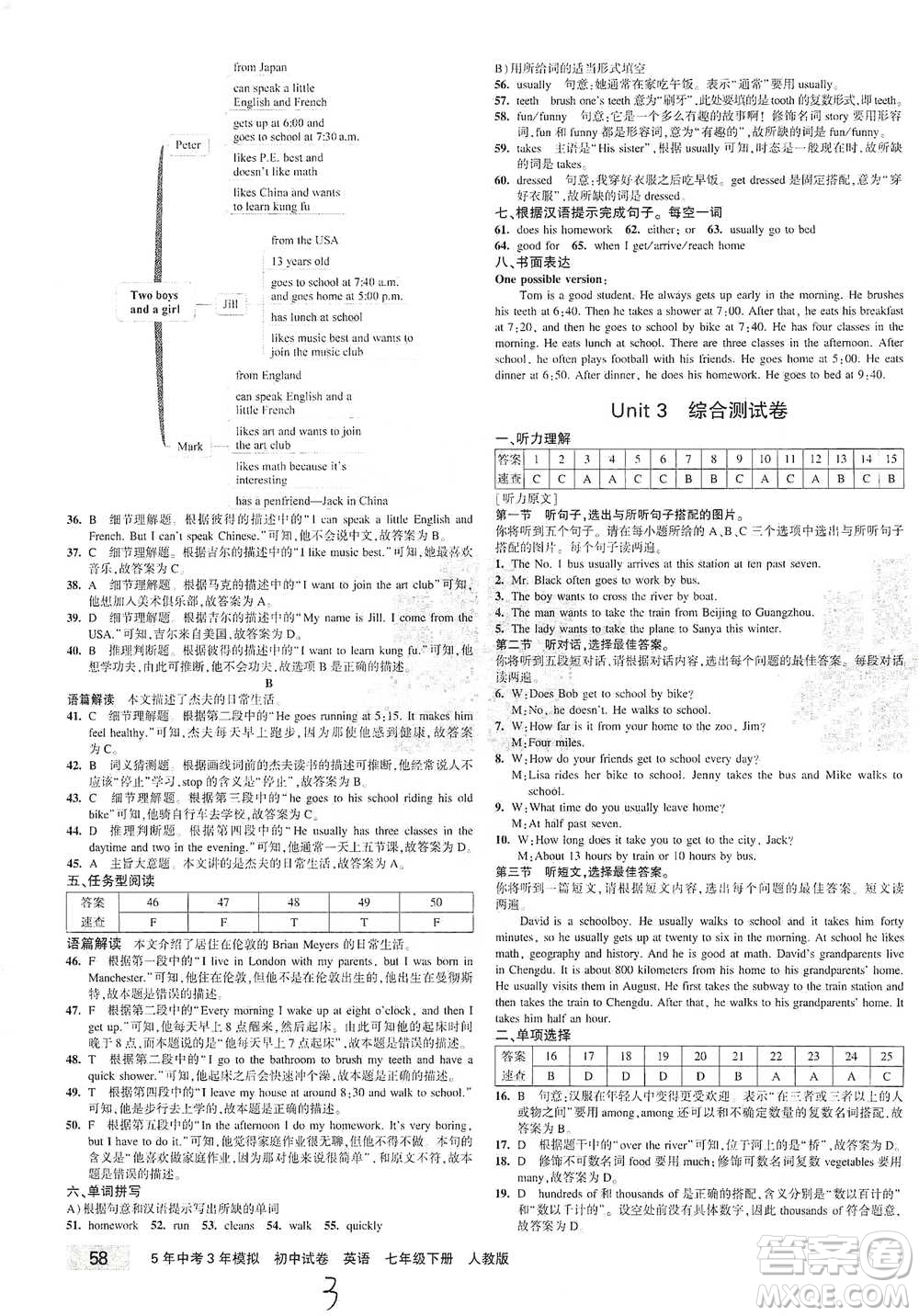 首都師范大學(xué)出版社2021年5年中考3年模擬初中試卷英語七年級下冊人教版參考答案