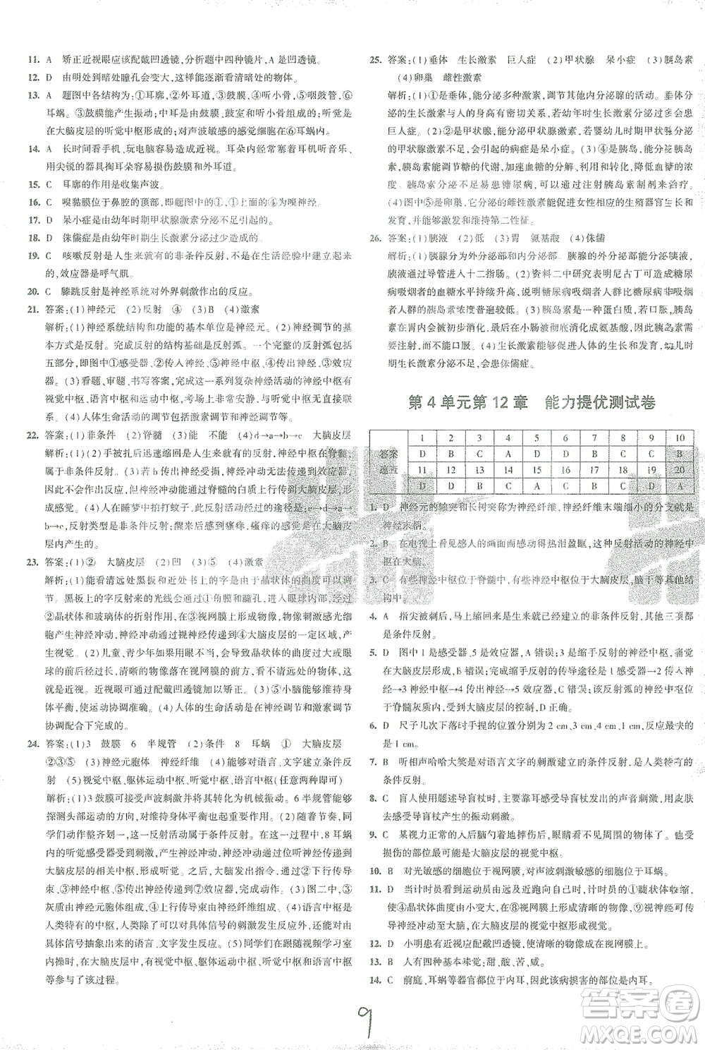 西安出版社2021年5年中考3年模擬初中試卷生物七年級下冊北師大版參考答案