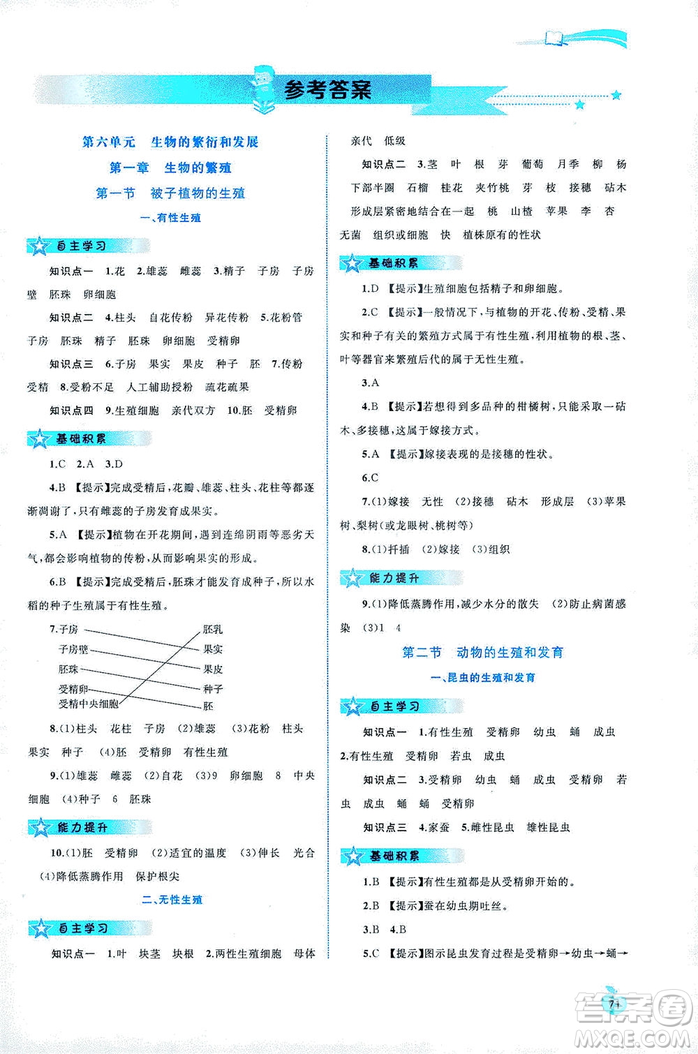 廣西教育出版社2021新課程學習與測評同步學習生物八年級下冊河北少兒版答案