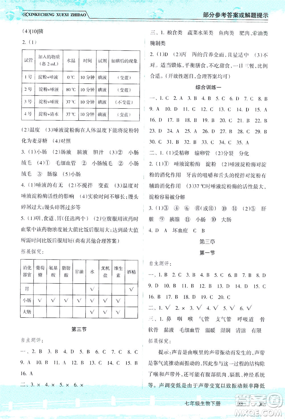 南方出版社2021新課程學習指導生物七年級下冊人教版答案