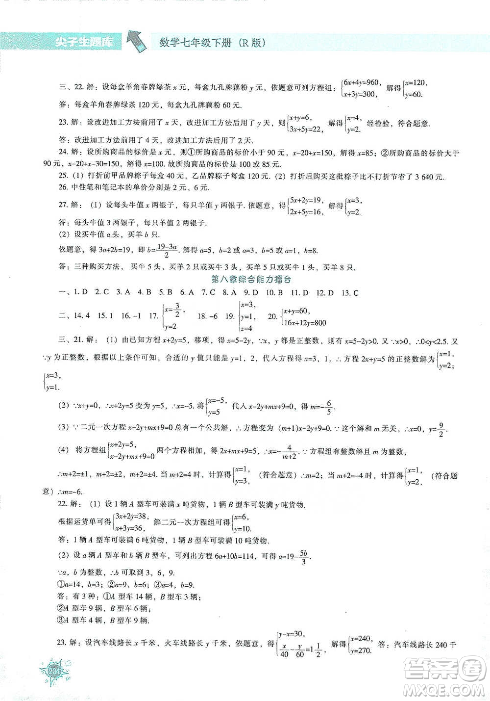 遼寧教育出版社2021尖子生題庫(kù)數(shù)學(xué)七年級(jí)下冊(cè)人教版參考答案