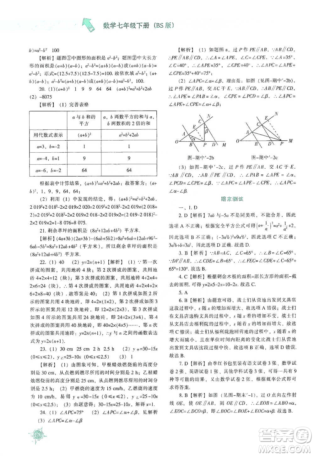 遼寧教育出版社2021尖子生題庫數(shù)學(xué)七年級下冊北師版參考答案