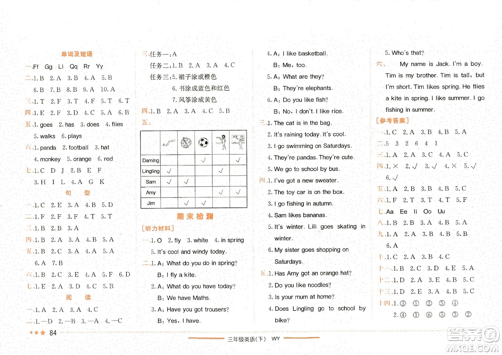 龍門書局2021黃岡小狀元作業(yè)本三年級英語下WY外研版答案