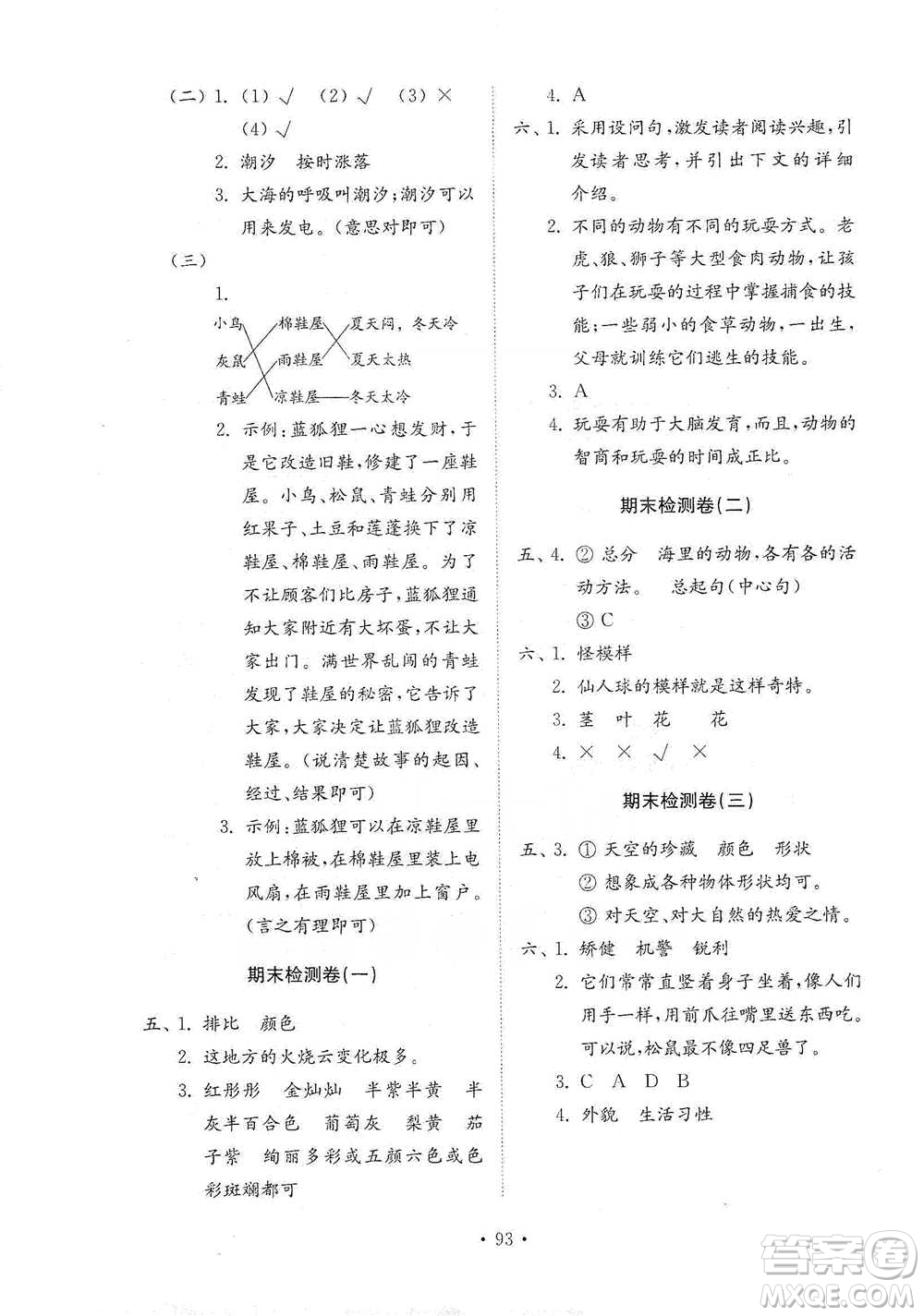 山東教育出版社2021小學(xué)同步練習(xí)冊(cè)配套檢測(cè)卷語(yǔ)文三年級(jí)下冊(cè)人教版參考答案