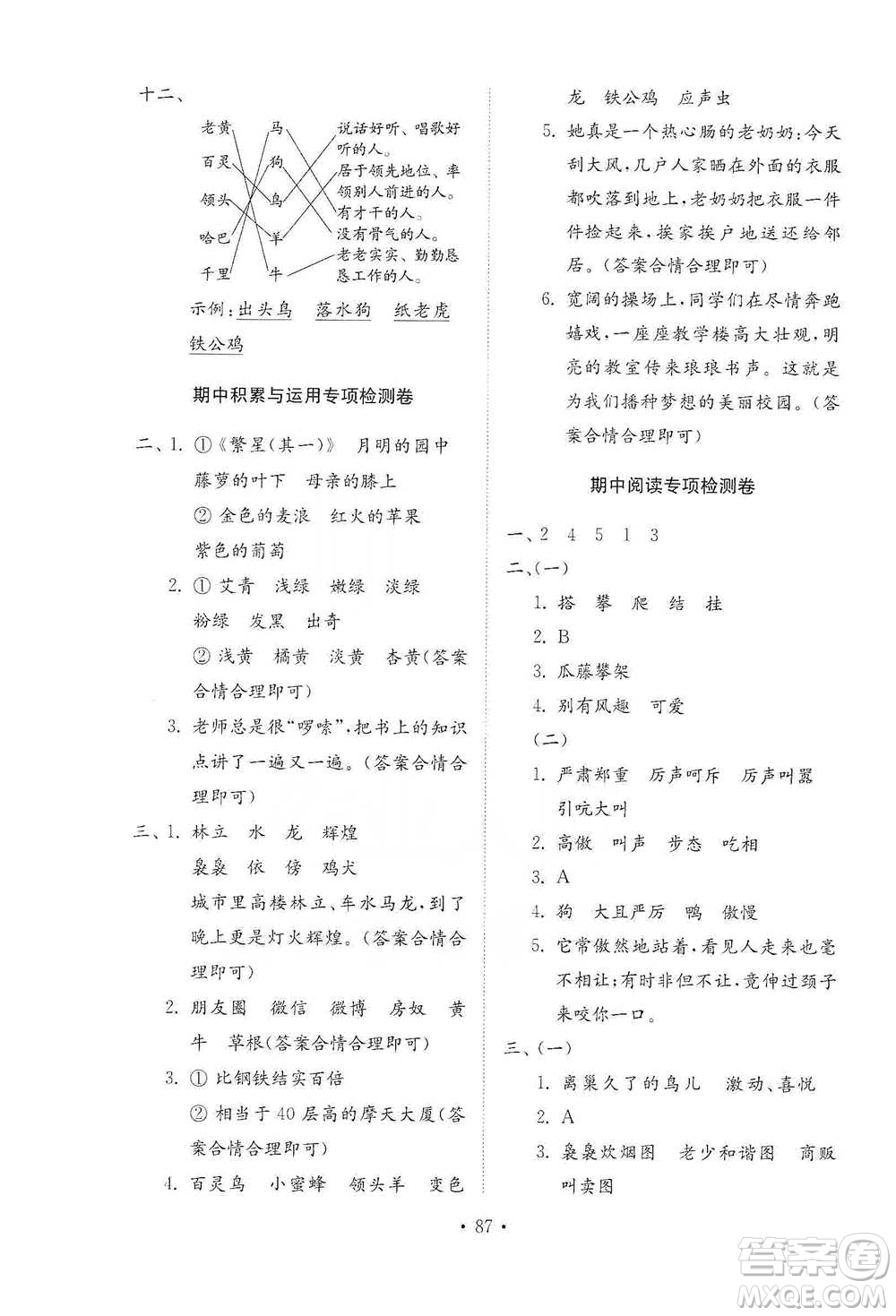 山東教育出版社2021小學(xué)同步練習(xí)冊(cè)配套檢測(cè)卷語文四年級(jí)下冊(cè)人教版參考答案