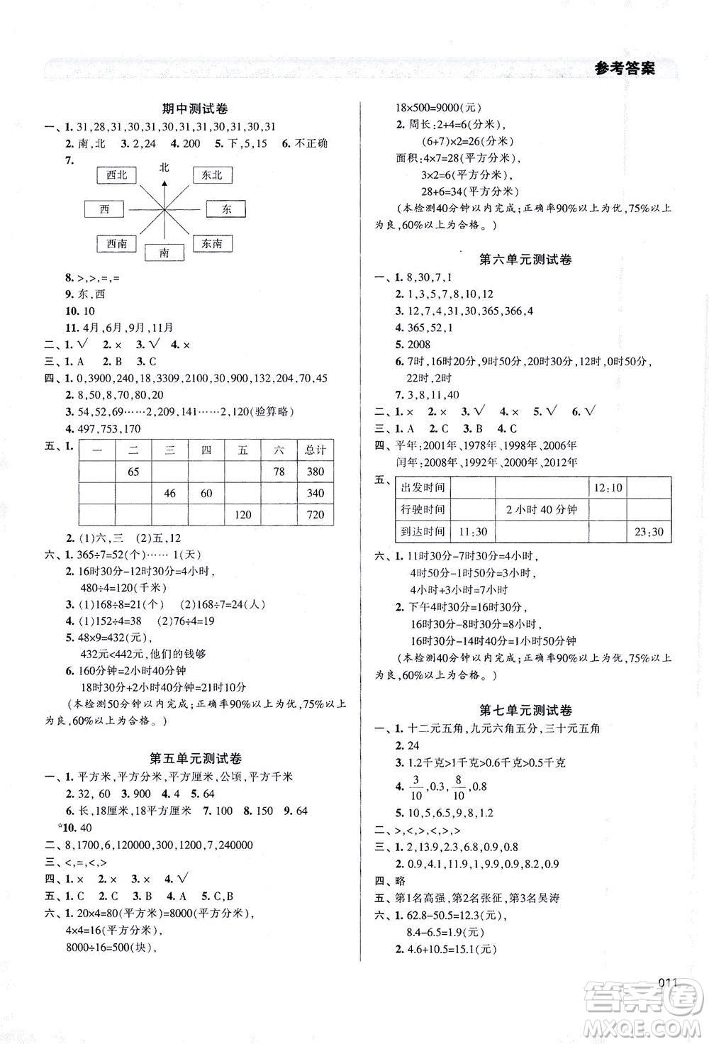 天津教育出版社2021學(xué)習(xí)質(zhì)量監(jiān)測(cè)數(shù)學(xué)三年級(jí)下冊(cè)人教版答案
