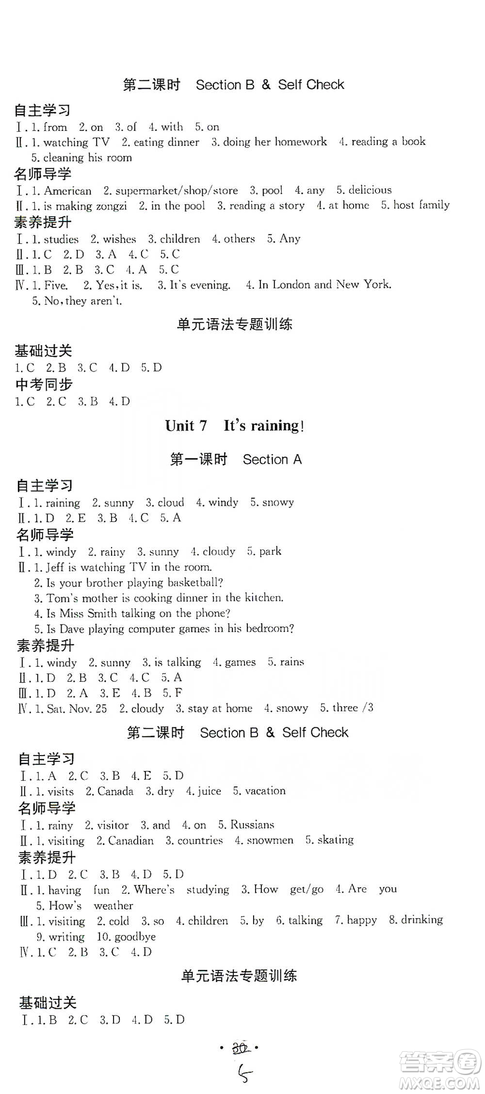 陜西人民出版社2021實(shí)驗(yàn)教材新學(xué)案英語(yǔ)七年級(jí)下冊(cè)人教版參考答案