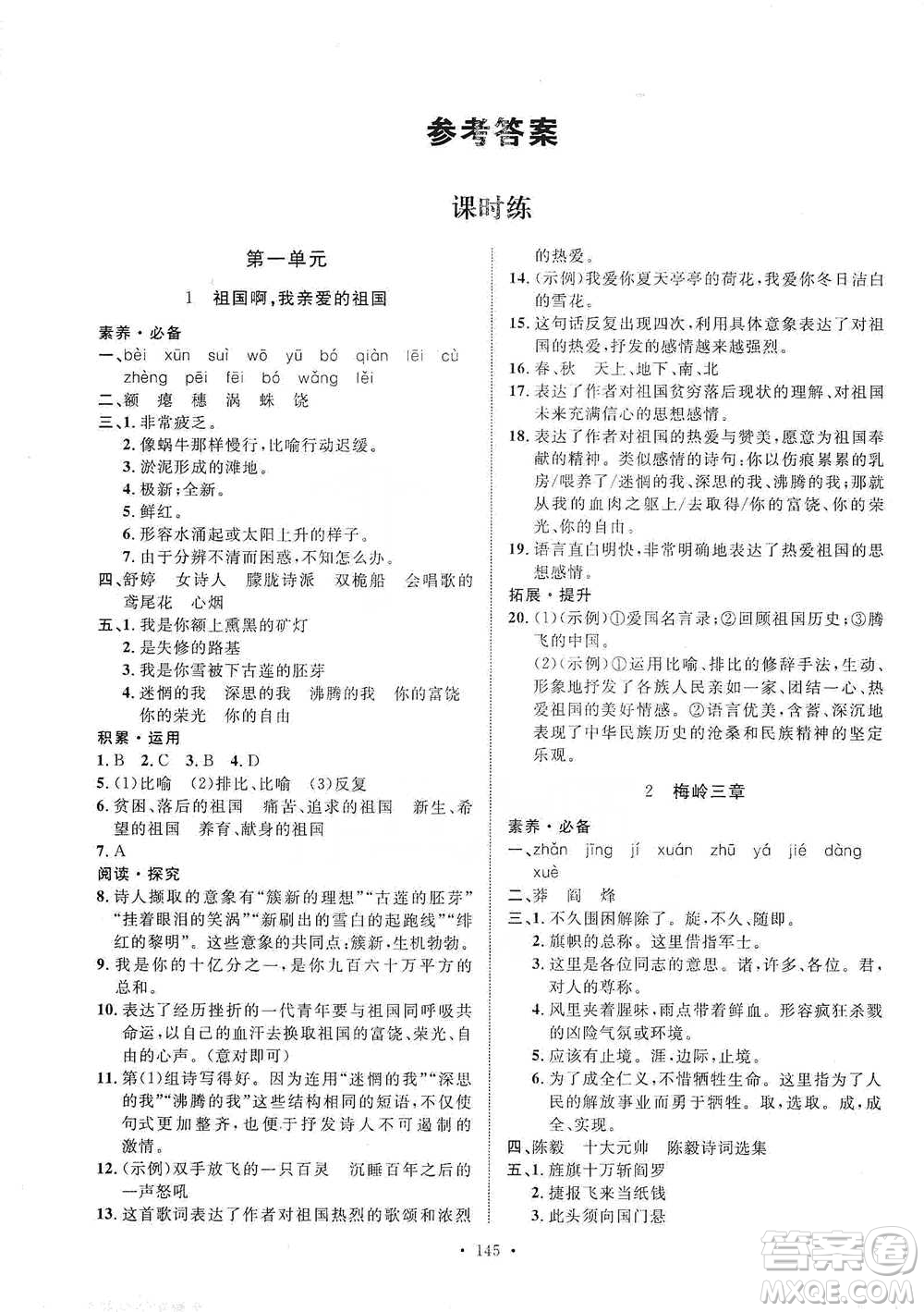 陜西人民出版社2021實驗教材新學案語文九年級下冊人教版參考答案