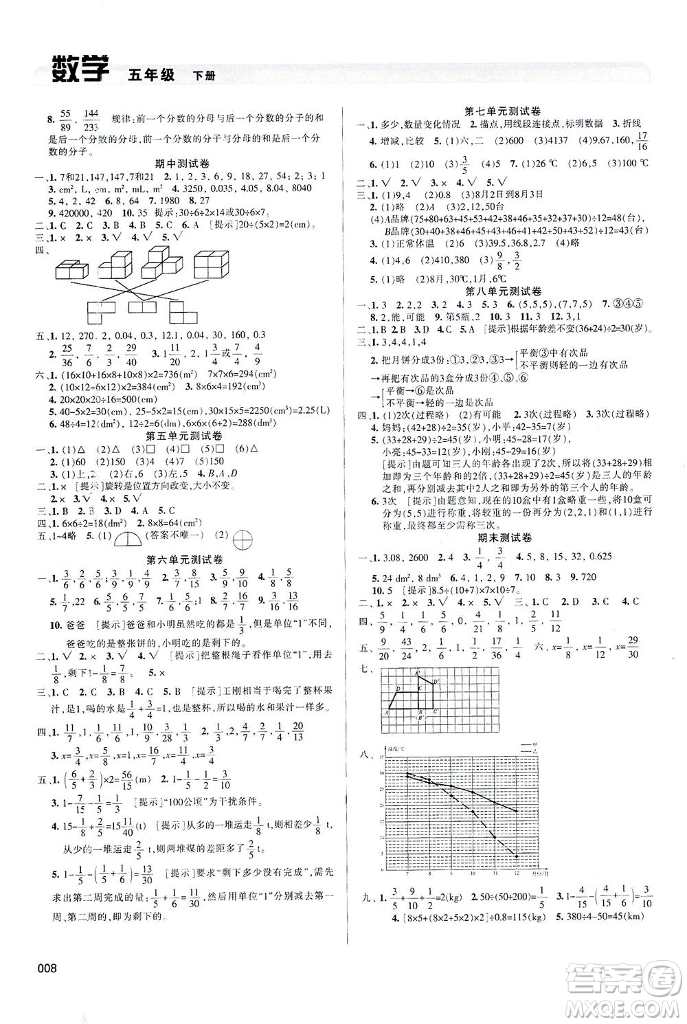 天津教育出版社2021學習質量監(jiān)測數(shù)學五年級下冊人教版答案