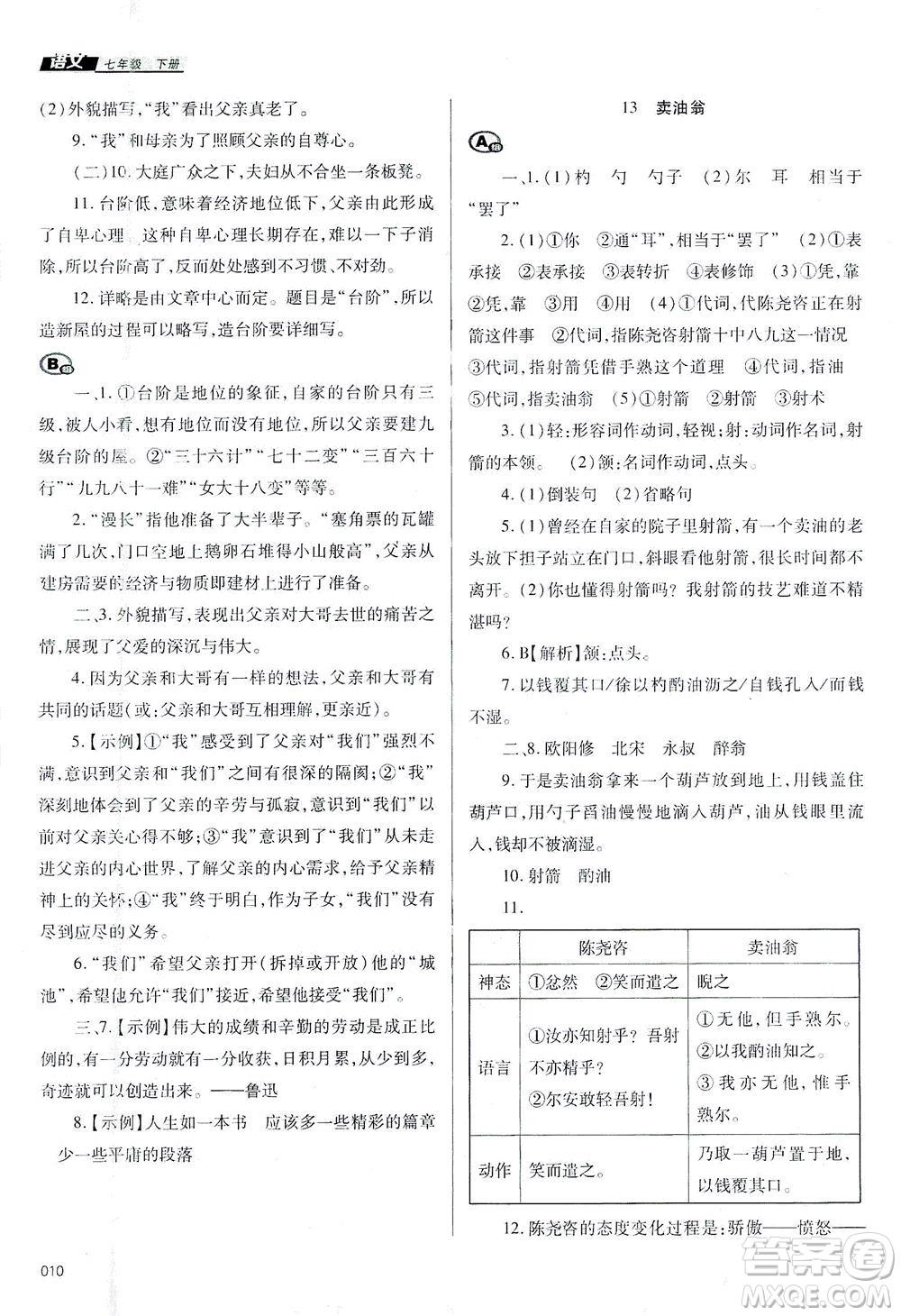 天津教育出版社2021學(xué)習(xí)質(zhì)量監(jiān)測七年級語文下冊人教版答案