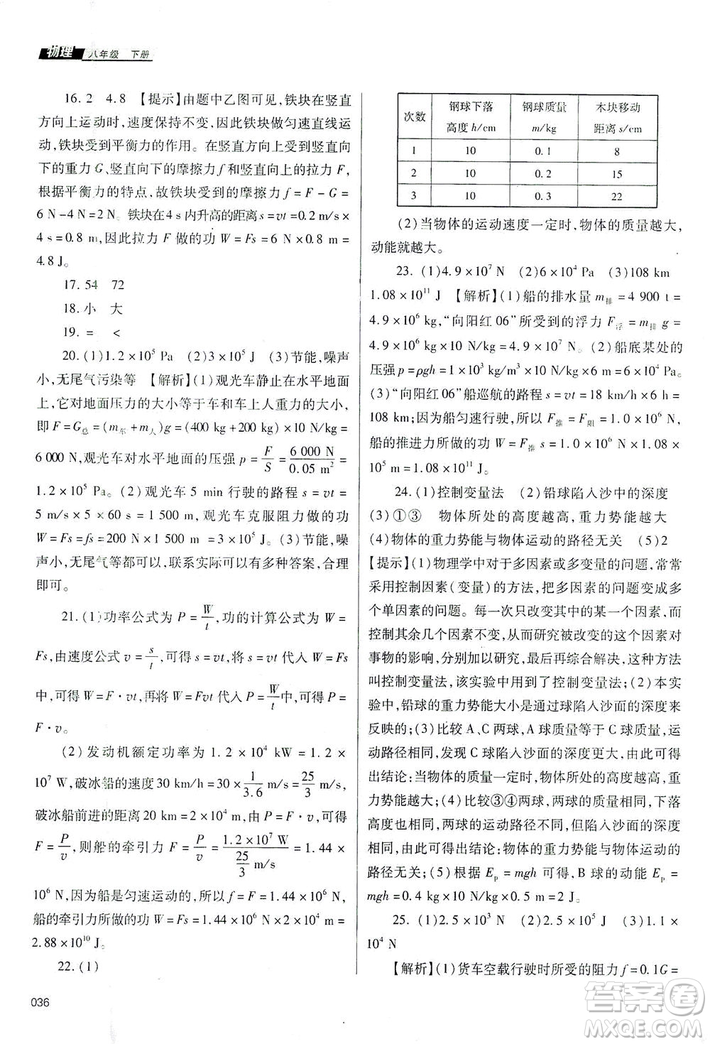 天津教育出版社2021學(xué)習(xí)質(zhì)量監(jiān)測(cè)八年級(jí)物理下冊(cè)人教版答案