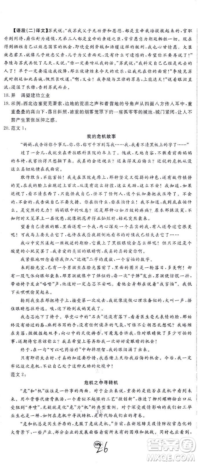 延邊大學出版社2021學練優(yōu)語文九年級下冊人教版河南專版答案