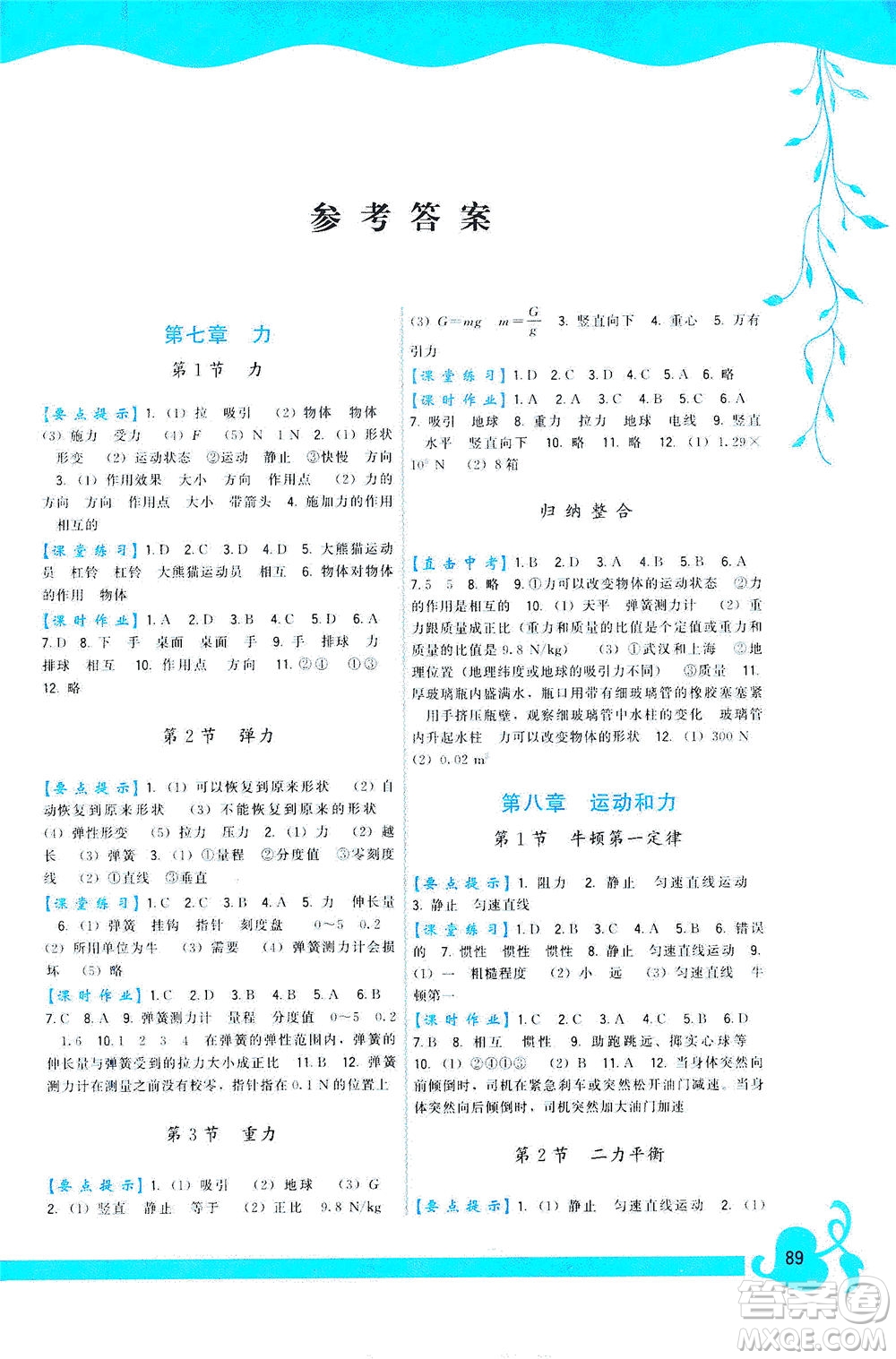 福建人民出版社2021頂尖課課練八年級(jí)物理下冊(cè)人教版答案