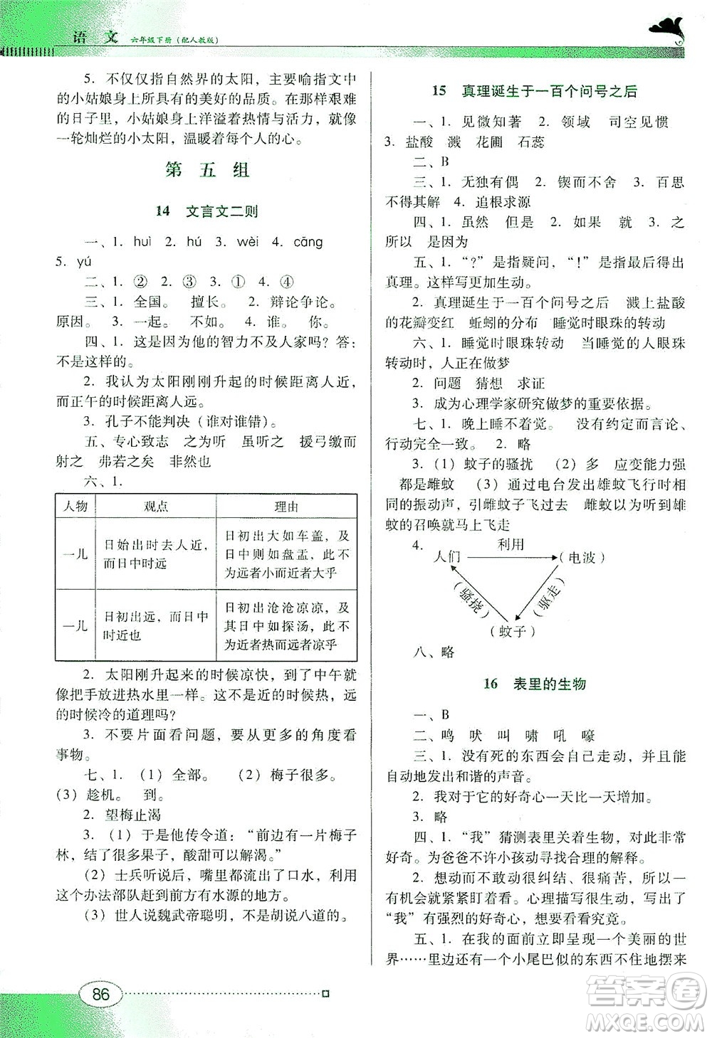 廣東教育出版社2021南方新課堂金牌學案語文六年級下冊人教版答案