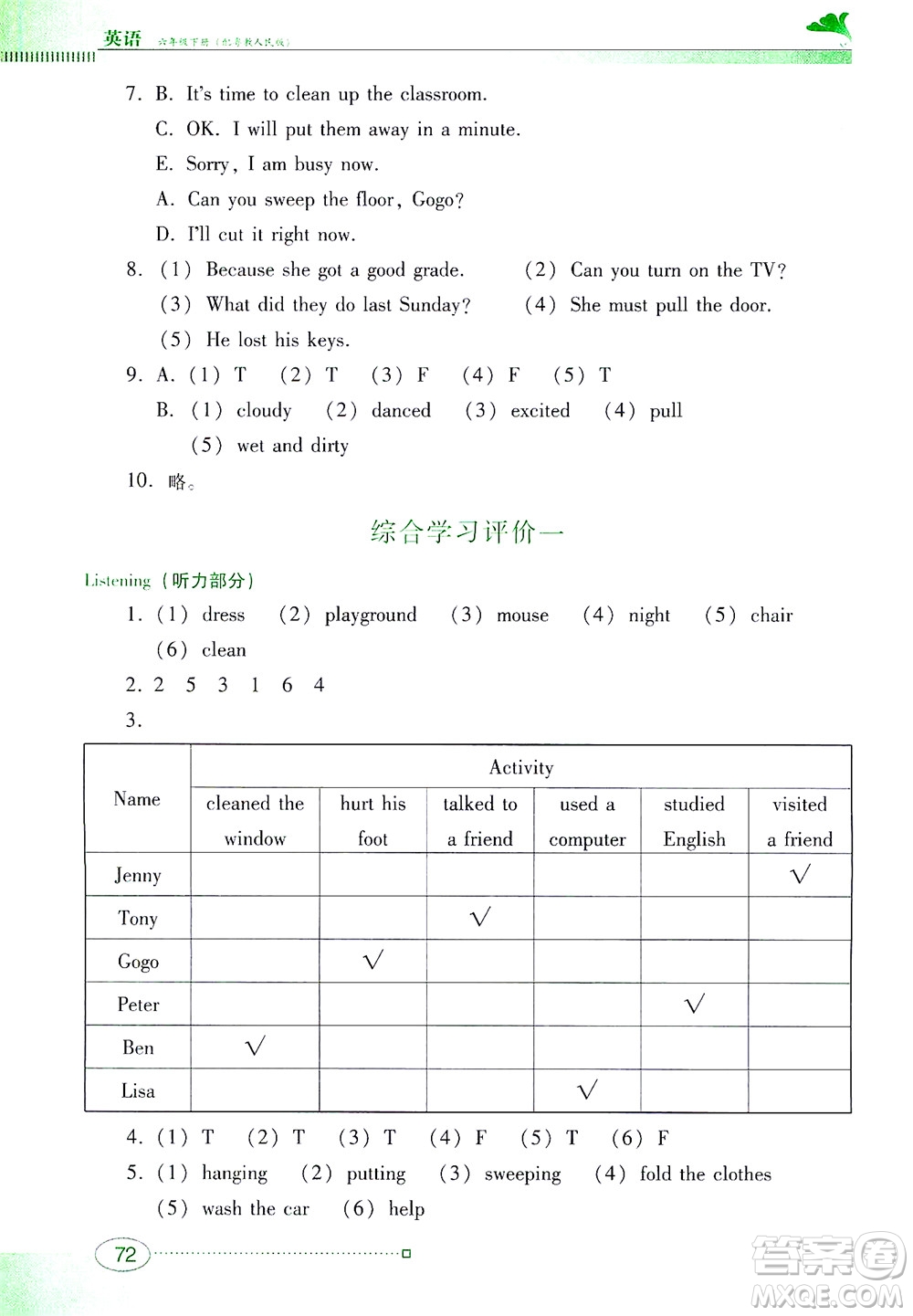 廣東教育出版社2021南方新課堂金牌學(xué)案英語六年級(jí)下冊粵教人民版答案