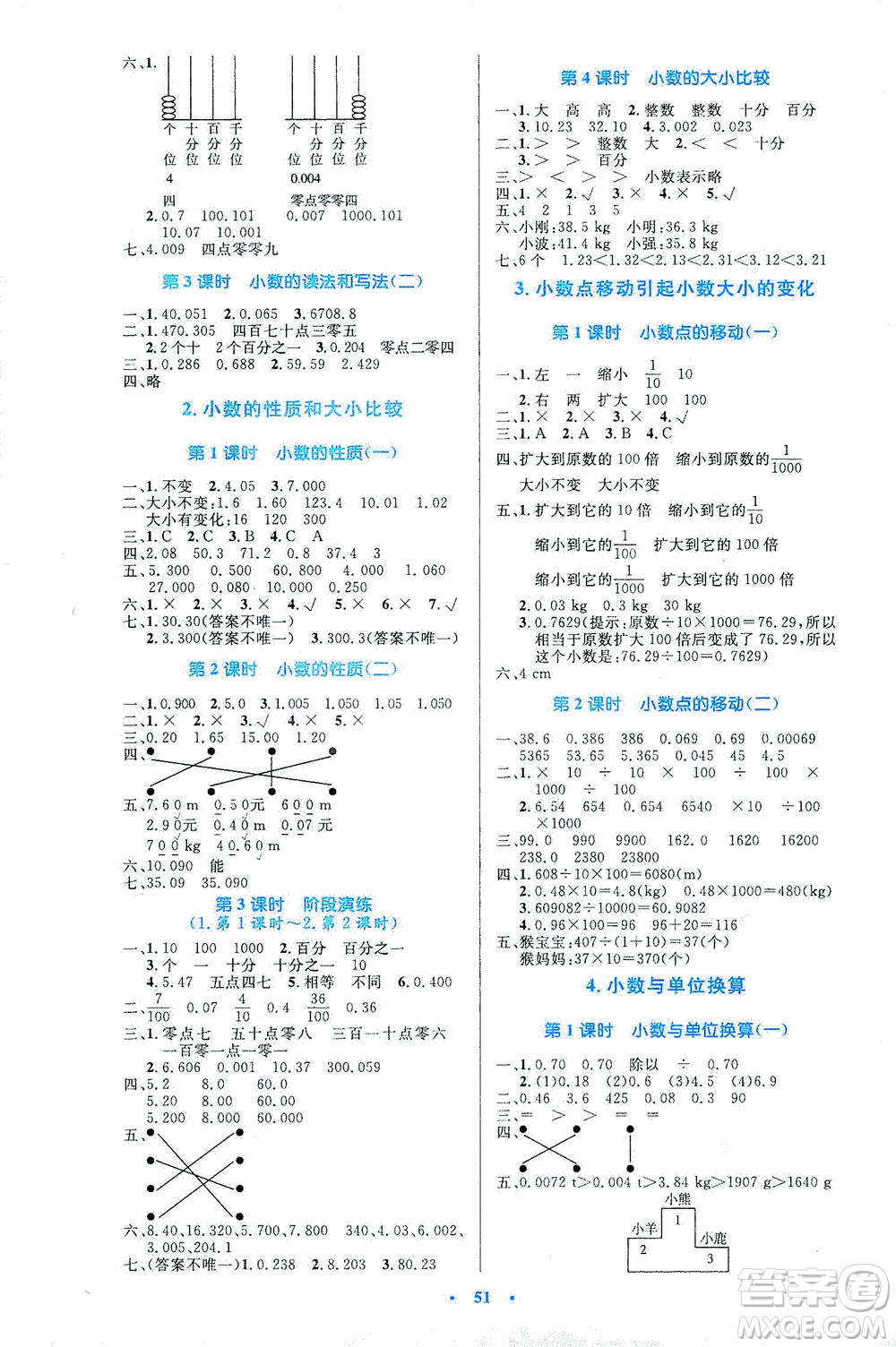 人民教育出版社2021小學同步測控優(yōu)化設計四年級數(shù)學下冊人教版答案