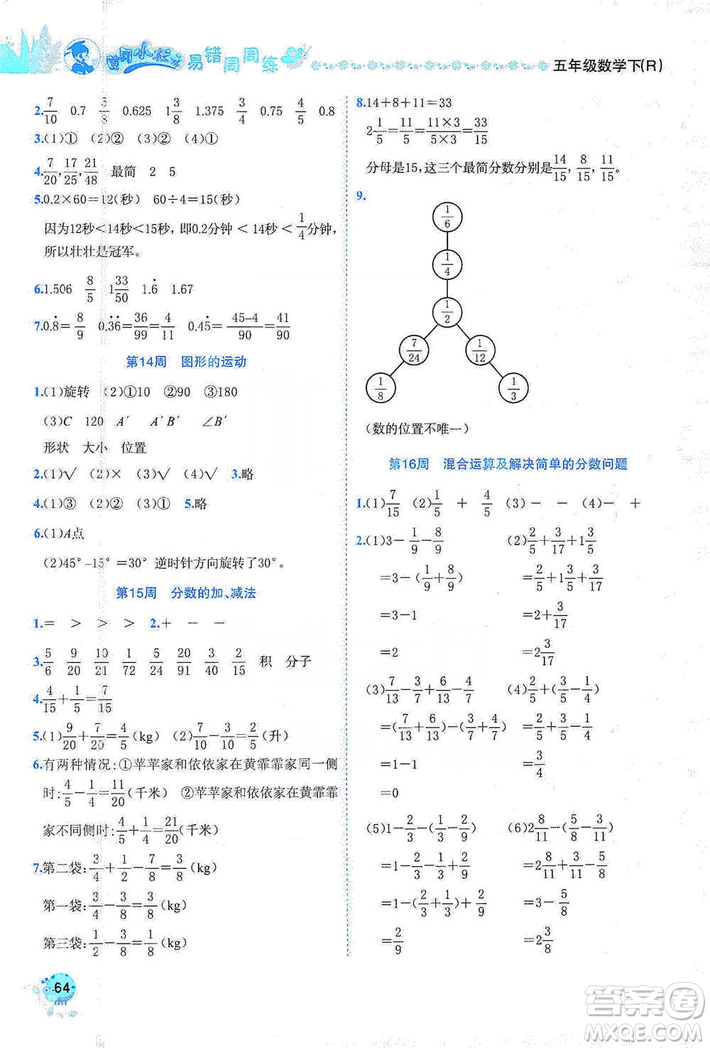 龍門書局2021黃岡小狀元易錯周周練五年級下冊數(shù)學(xué)人教版參考答案