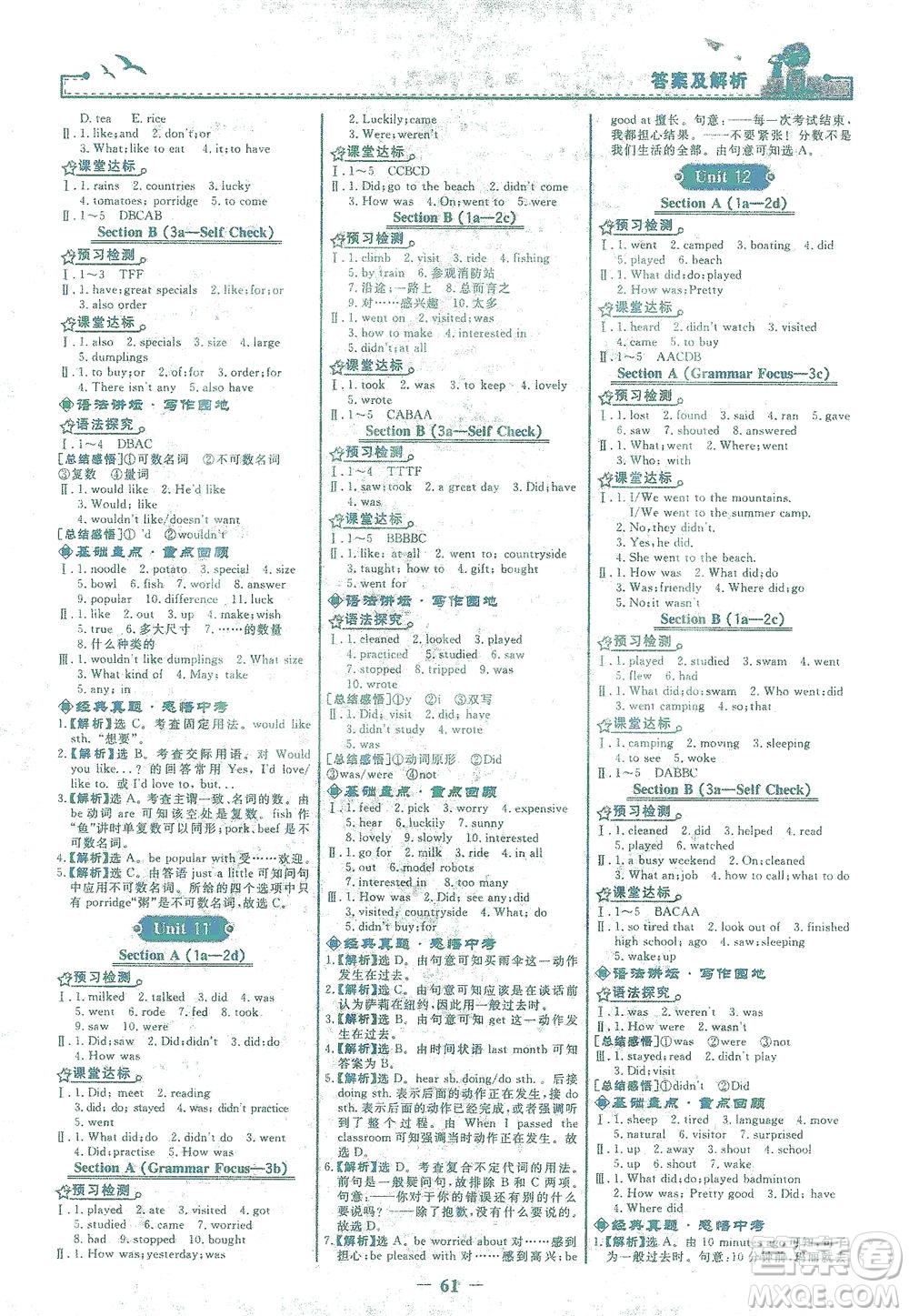 人民教育出版社2021陽光課堂金牌練習(xí)冊英語七年級下冊人教版答案