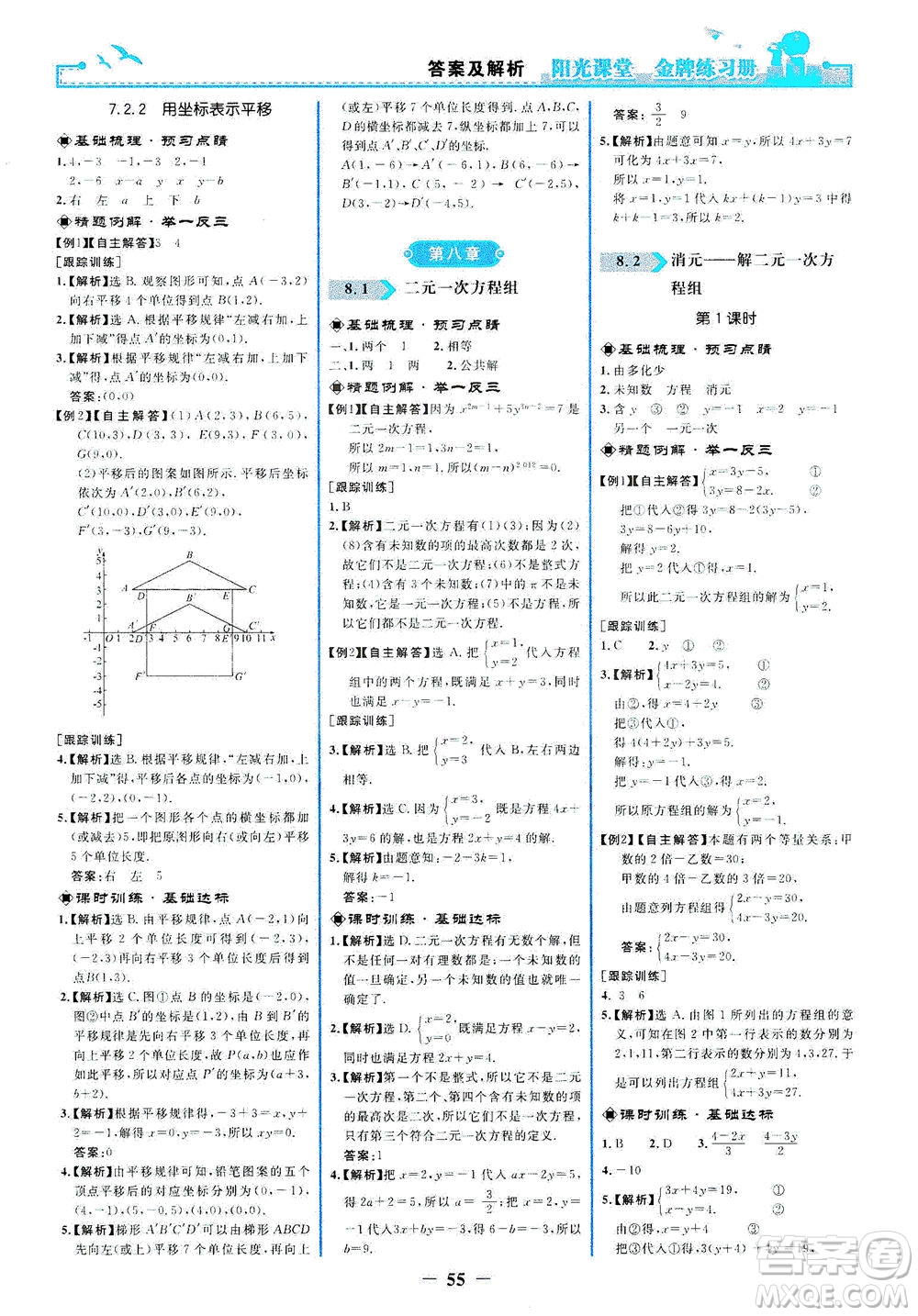 人民教育出版社2021陽光課堂金牌練習冊數(shù)學七年級下冊人教版答案