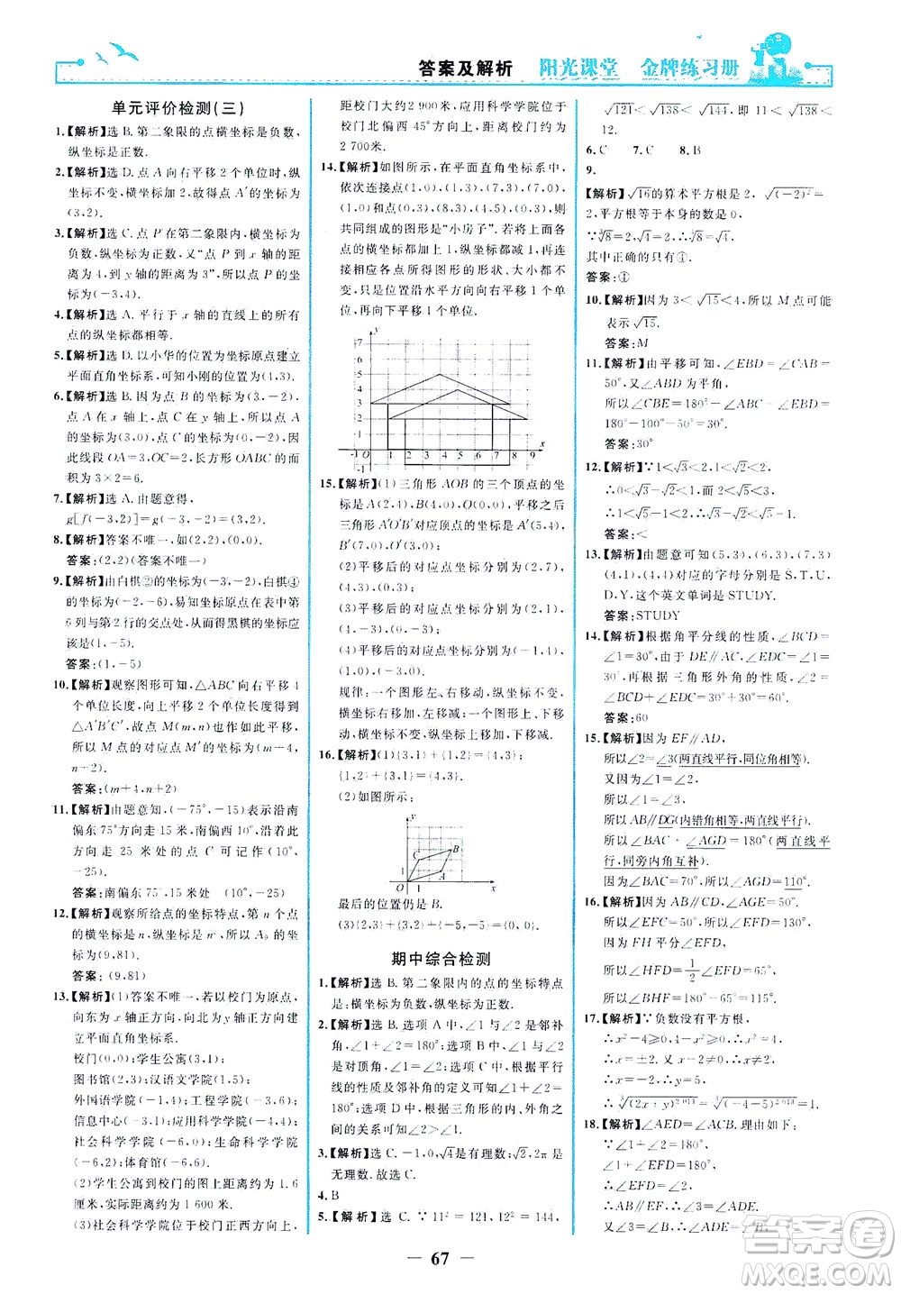 人民教育出版社2021陽光課堂金牌練習冊數(shù)學七年級下冊人教版答案