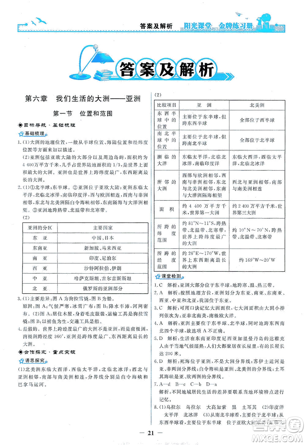 人民教育出版社2021陽(yáng)光課堂金牌練習(xí)冊(cè)地理七年級(jí)下冊(cè)人教版答案