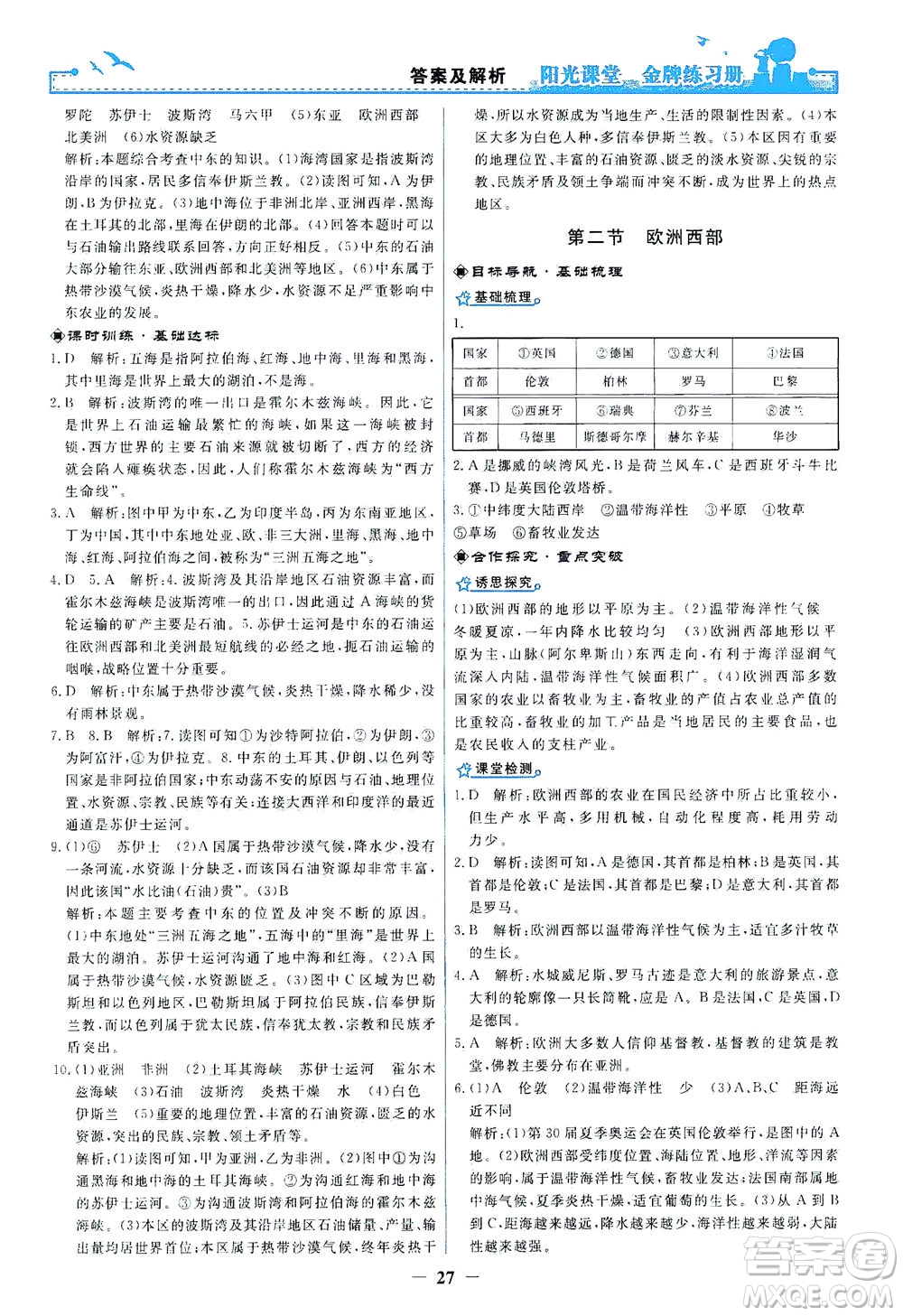 人民教育出版社2021陽(yáng)光課堂金牌練習(xí)冊(cè)地理七年級(jí)下冊(cè)人教版答案