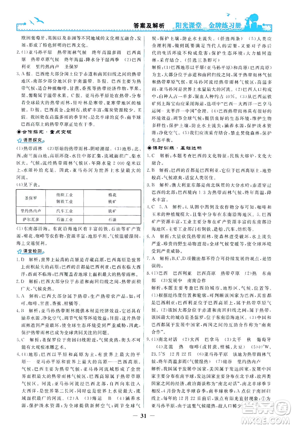 人民教育出版社2021陽(yáng)光課堂金牌練習(xí)冊(cè)地理七年級(jí)下冊(cè)人教版答案