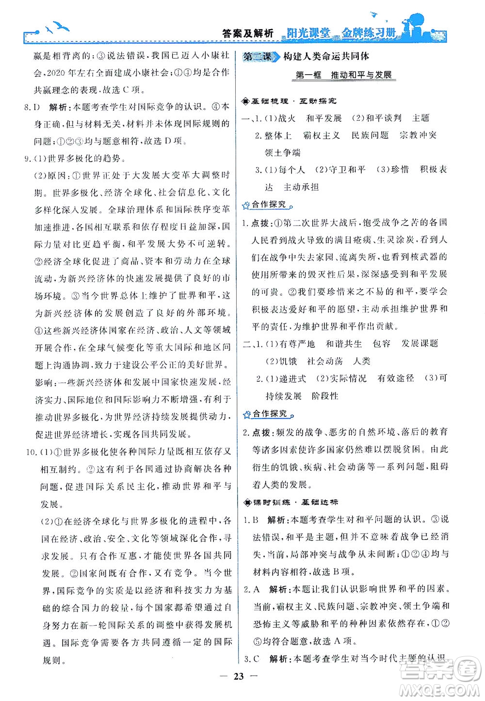 人民教育出版社2021陽光課堂金牌練習(xí)冊道德與法治九年級下冊人教版答案