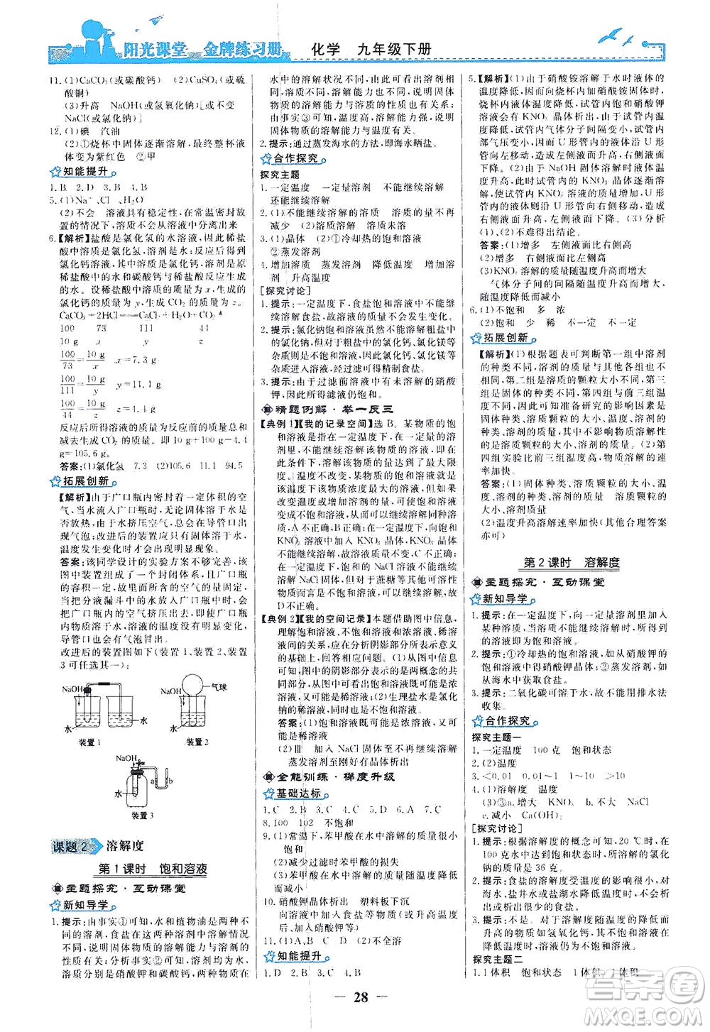 人民教育出版社2021陽光課堂金牌練習(xí)冊化學(xué)九年級下冊人教版答案