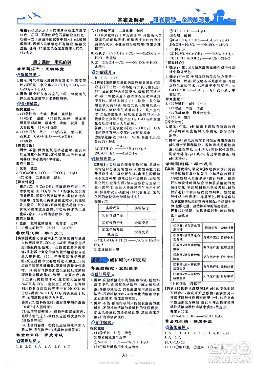 人民教育出版社2021陽光課堂金牌練習(xí)冊化學(xué)九年級下冊人教版答案