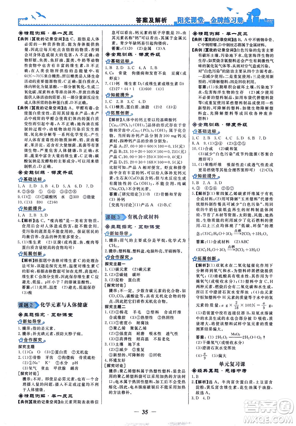 人民教育出版社2021陽光課堂金牌練習(xí)冊化學(xué)九年級下冊人教版答案