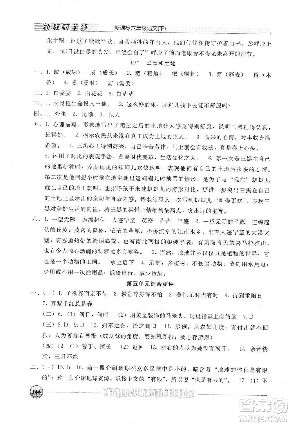 上海大學(xué)出版社2021新教材全練六年級下冊語文參考答案