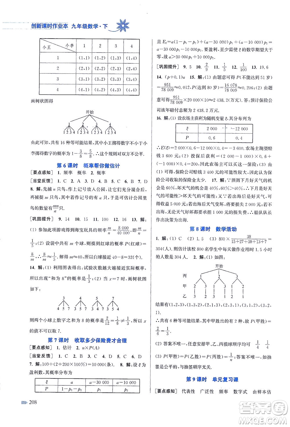 江蘇鳳凰美術(shù)出版社2021創(chuàng)新課時(shí)作業(yè)本數(shù)學(xué)九年級(jí)下冊(cè)江蘇版答案