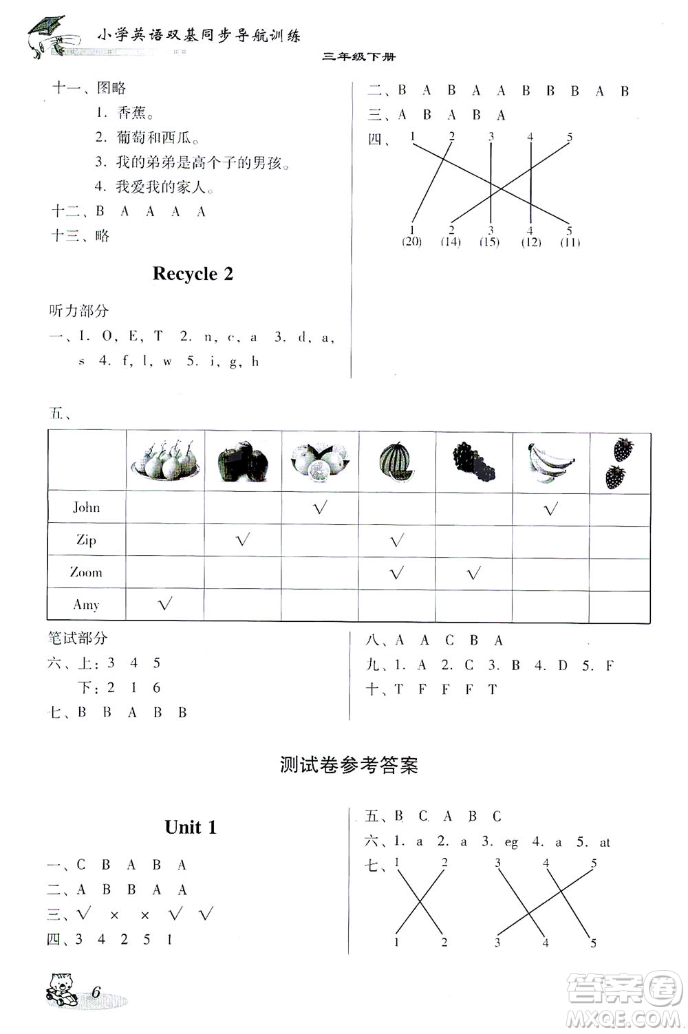 廣東經(jīng)濟出版社2021雙基同步導(dǎo)航訓(xùn)練三年級英語下冊人教PEP版答案