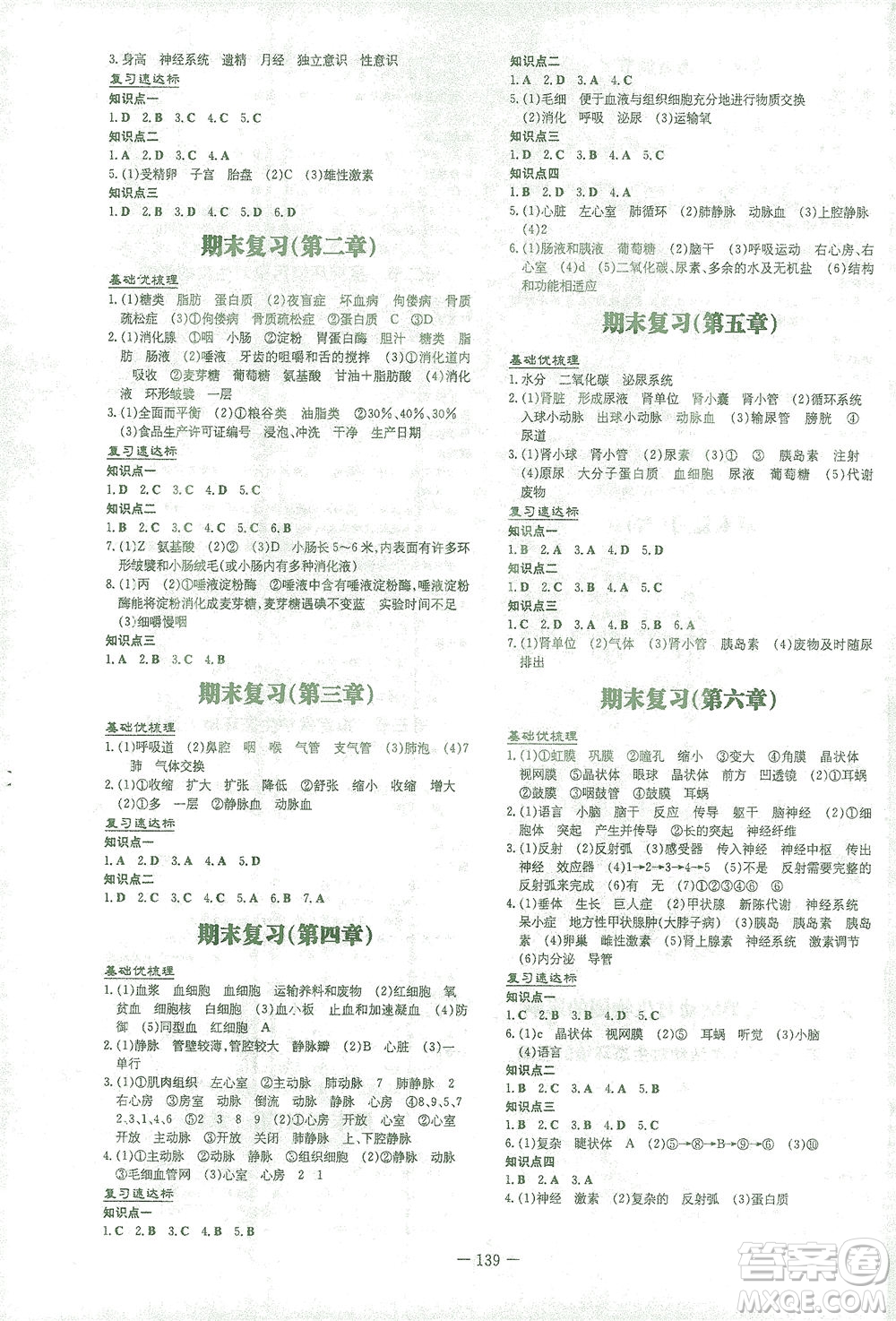 新世紀(jì)出版社2021初中同步學(xué)習(xí)導(dǎo)與練七年級生物下冊人教版答案