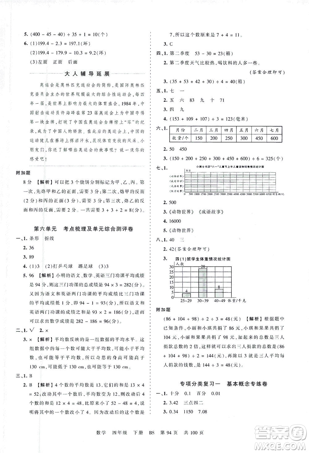 江西人民出版社2021春王朝霞考點(diǎn)梳理時習(xí)卷數(shù)學(xué)四年級下冊BS北師版答案