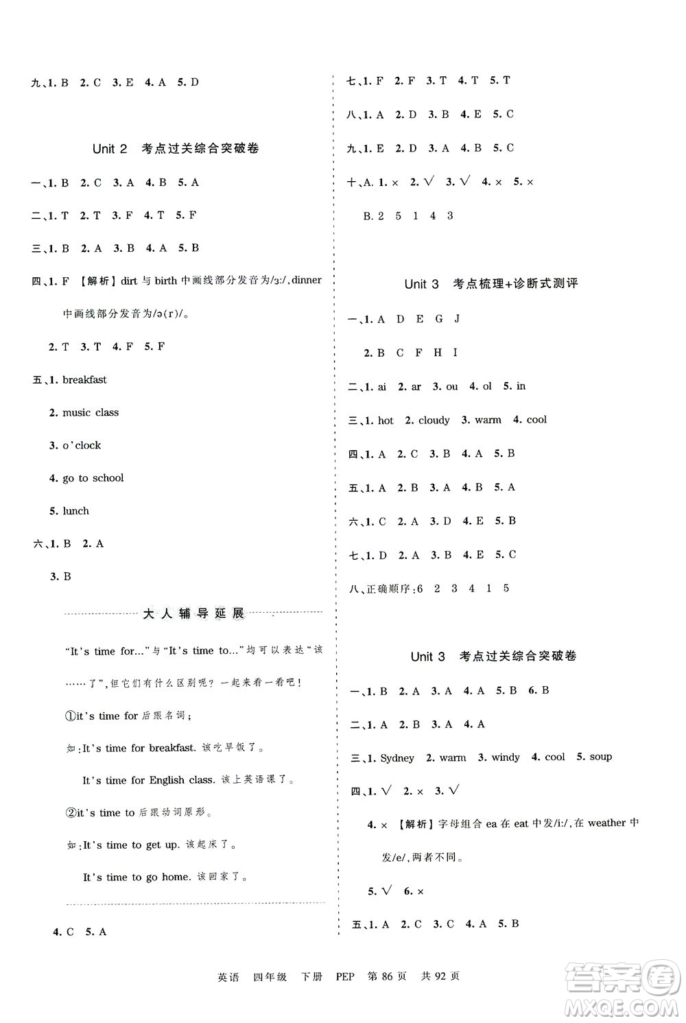 江西人民出版社2021春王朝霞考點梳理時習(xí)卷英語四年級下冊PEP人教版答案