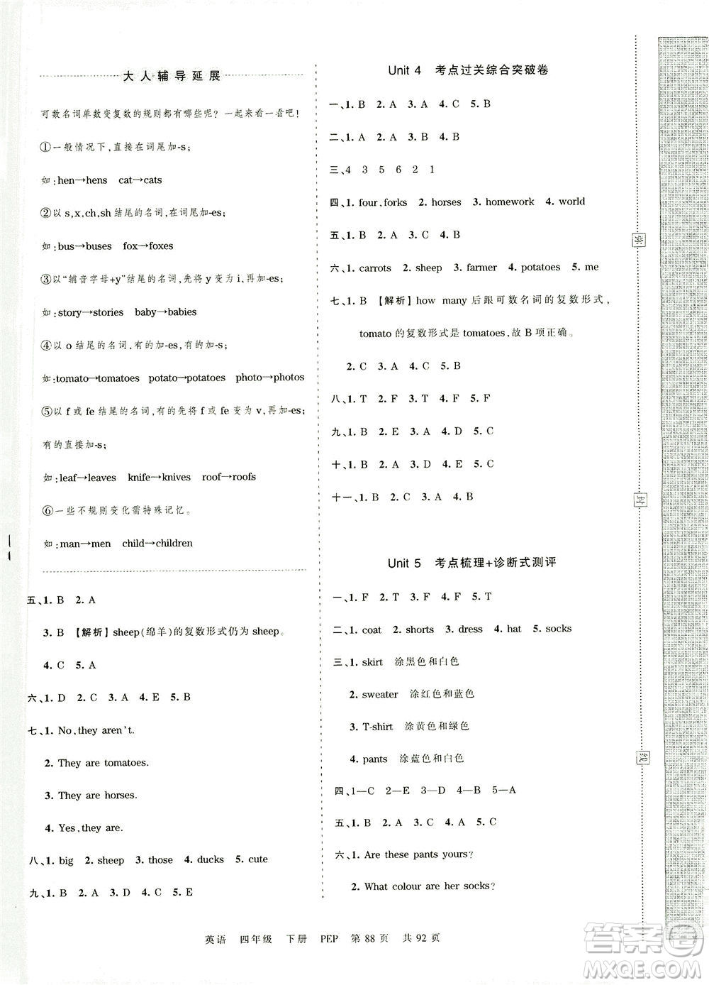 江西人民出版社2021春王朝霞考點梳理時習(xí)卷英語四年級下冊PEP人教版答案