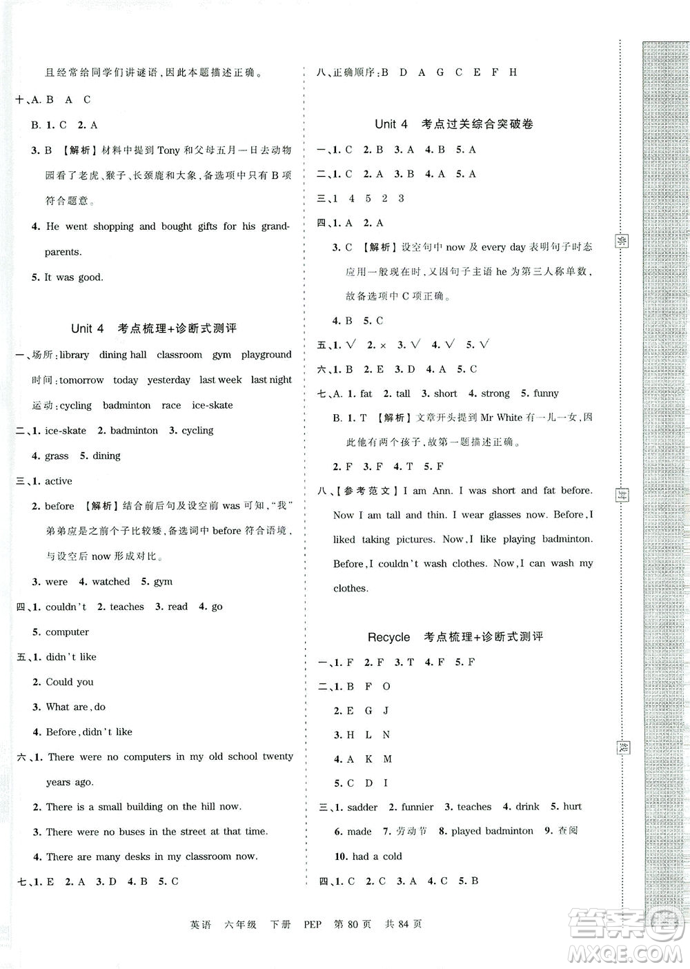 江西人民出版社2021春王朝霞考點(diǎn)梳理時(shí)習(xí)卷英語(yǔ)六年級(jí)下冊(cè)PEP人教版答案