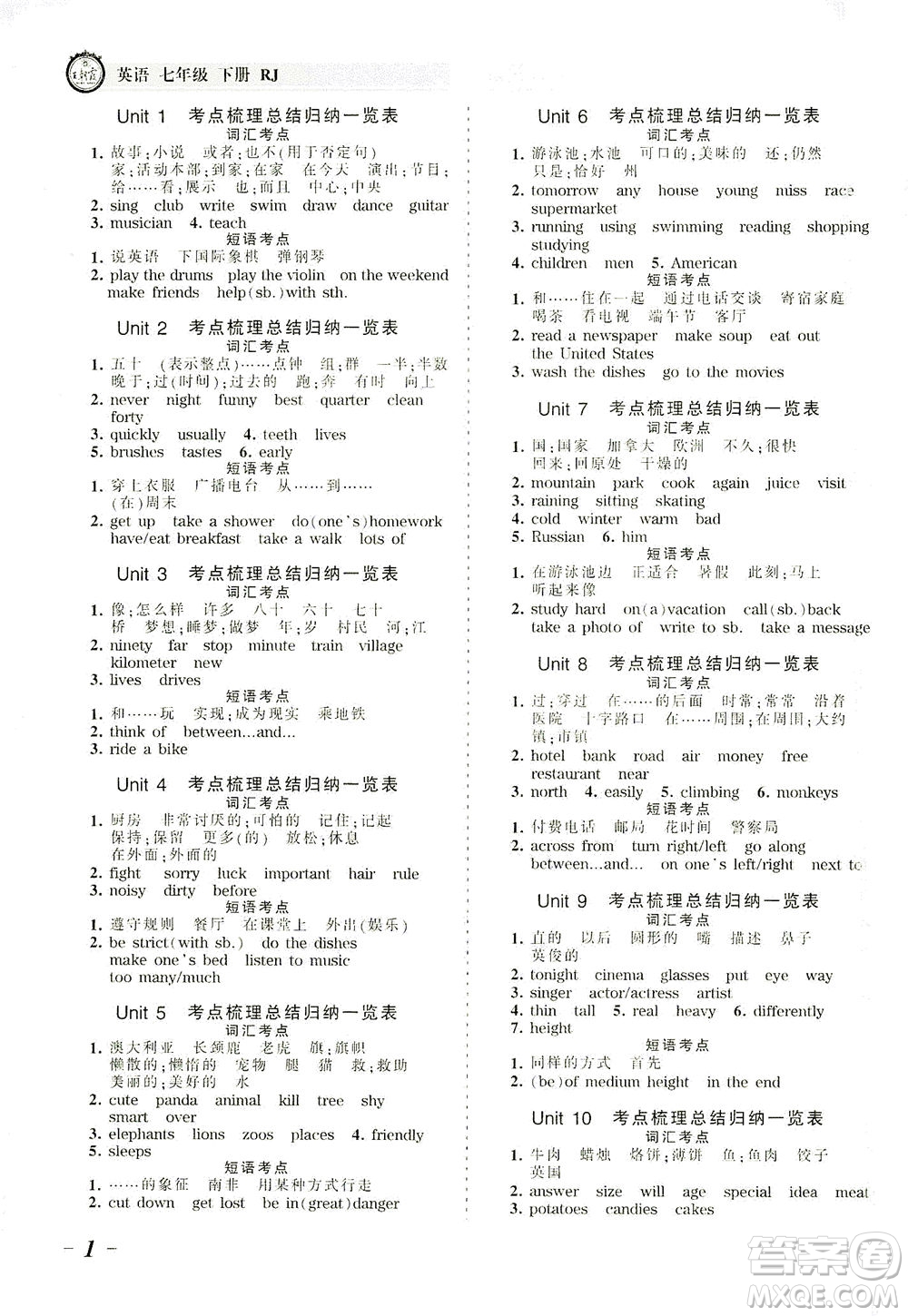 江西人民出版社2021春王朝霞考點(diǎn)梳理時(shí)習(xí)卷英語(yǔ)七年級(jí)下冊(cè)RJ人教版答案