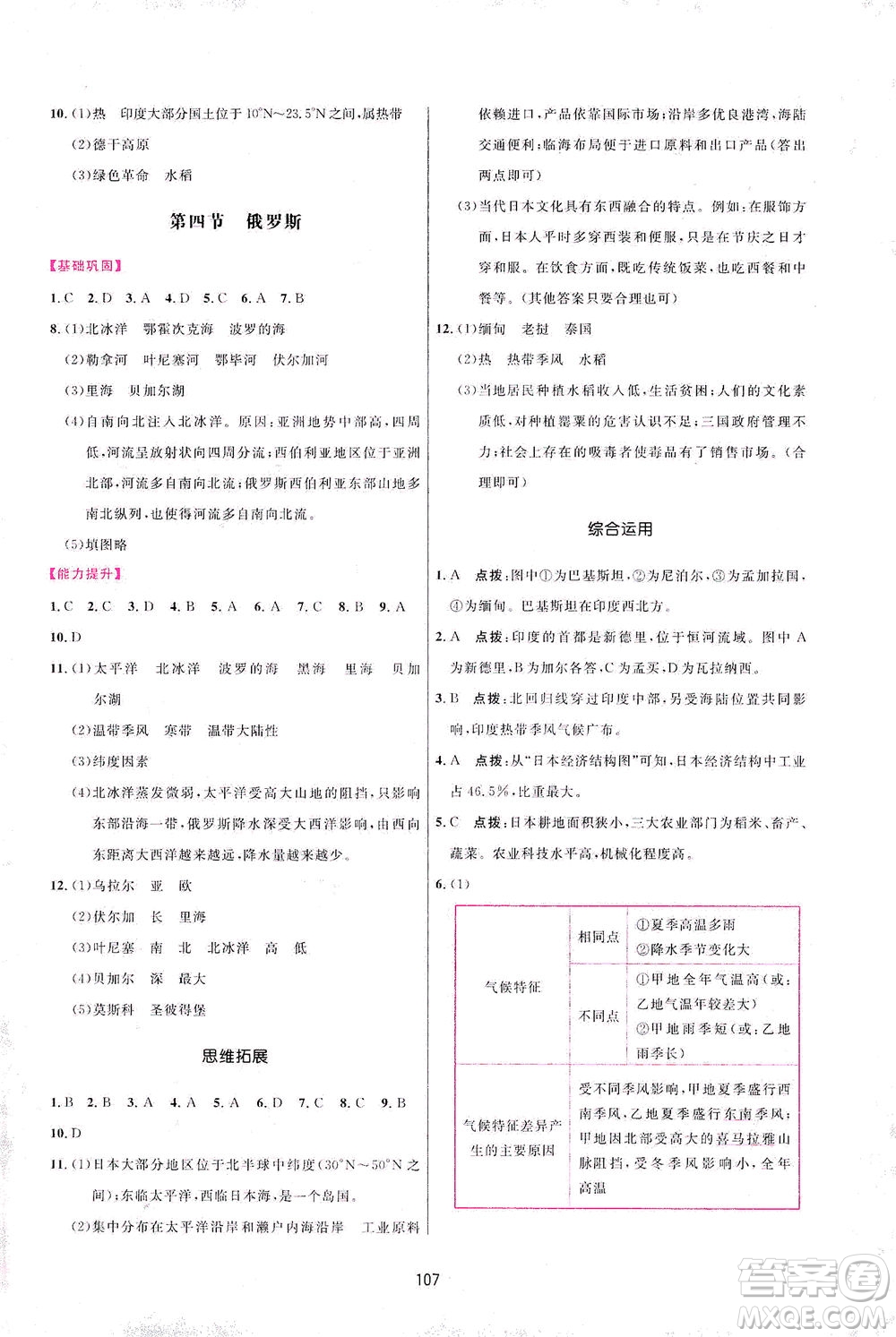 吉林教育出版社2021三維數(shù)字課堂地理七年級下冊人教版答案