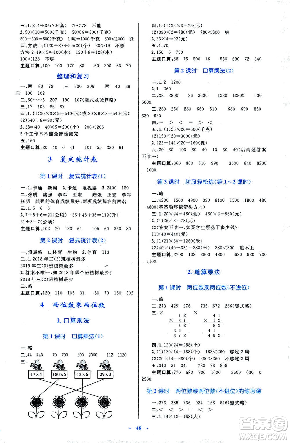 內(nèi)蒙古教育出版社2021學(xué)習(xí)目標(biāo)與檢測(cè)三年級(jí)數(shù)學(xué)下冊(cè)人教版答案