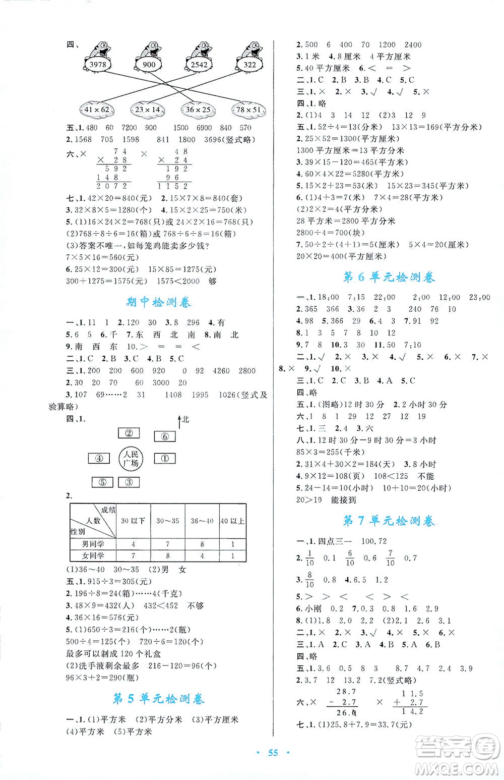 內(nèi)蒙古教育出版社2021學(xué)習(xí)目標(biāo)與檢測(cè)三年級(jí)數(shù)學(xué)下冊(cè)人教版答案