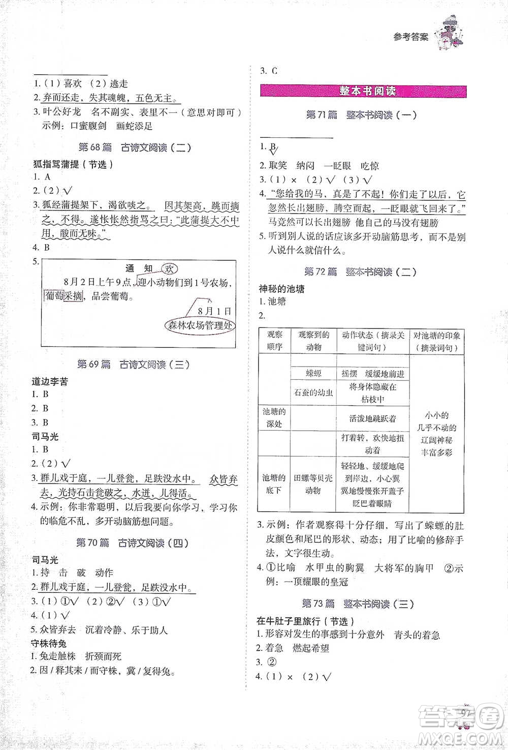 廣東經(jīng)濟(jì)出版社2021暢閱讀小學(xué)語文閱讀真題80篇浙江專版三年級(jí)參考答案