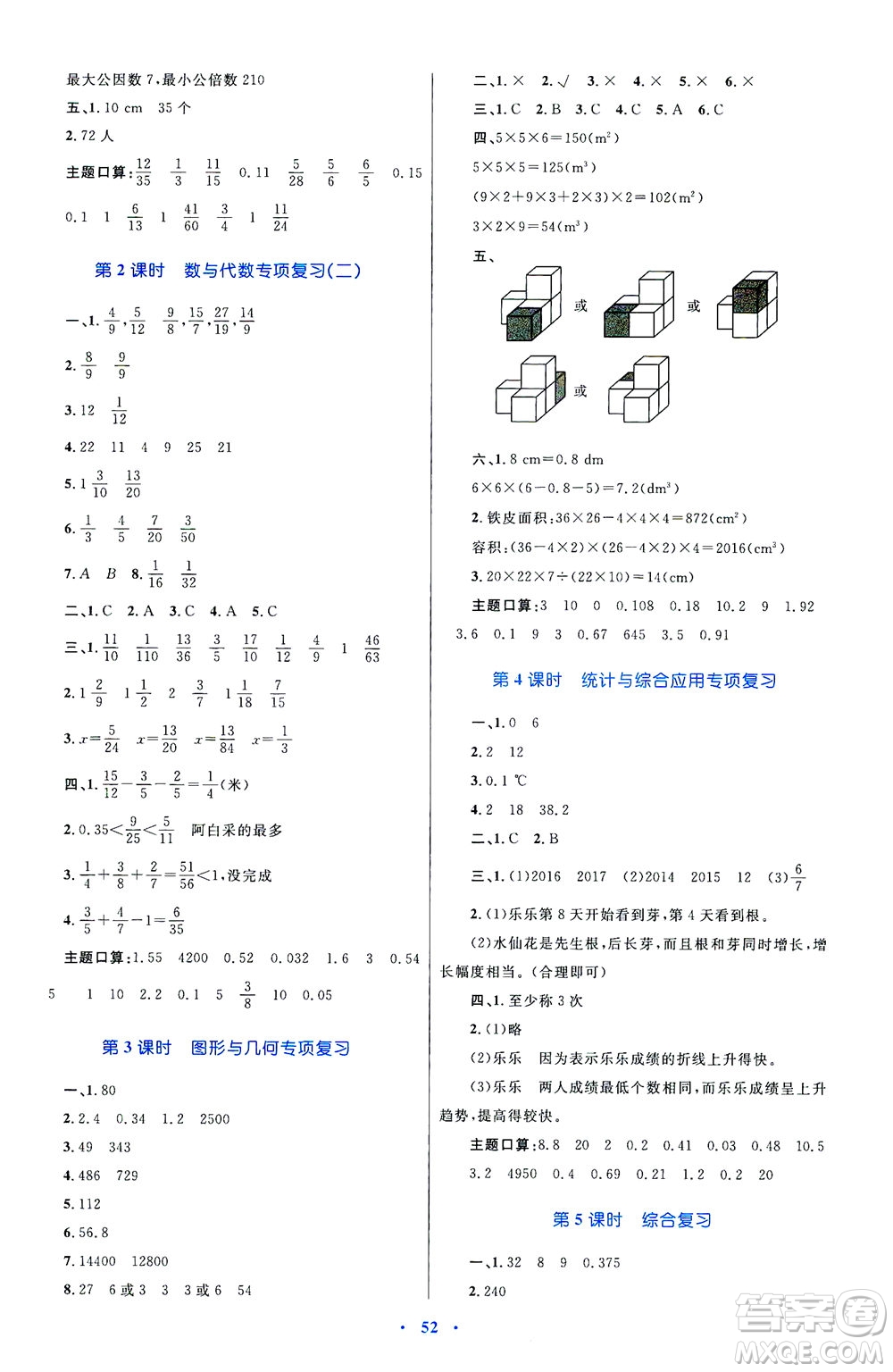 內(nèi)蒙古教育出版社2021學(xué)習(xí)目標(biāo)與檢測五年級數(shù)學(xué)下冊人教版答案